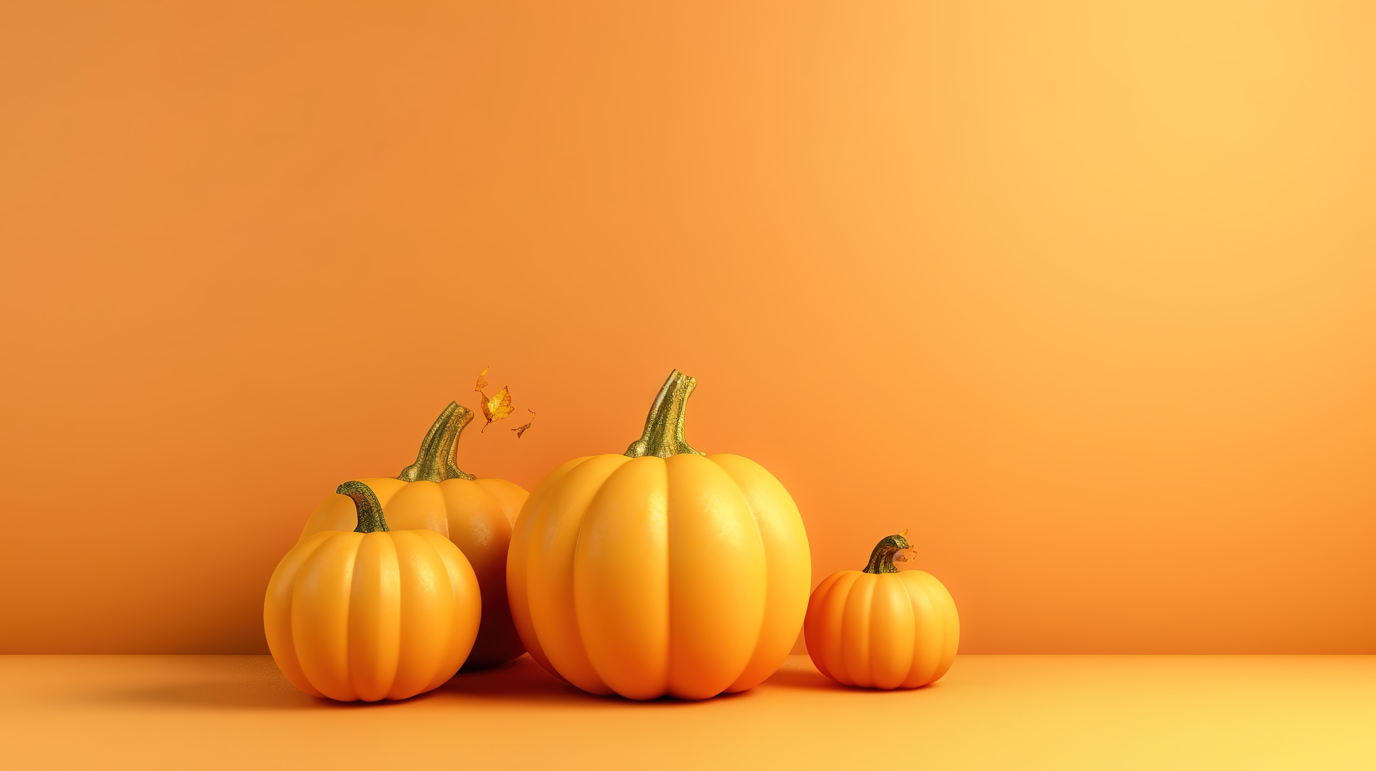 浅棕色背景上黄色和橙色南瓜的快乐感恩节 3D 渲染图片
