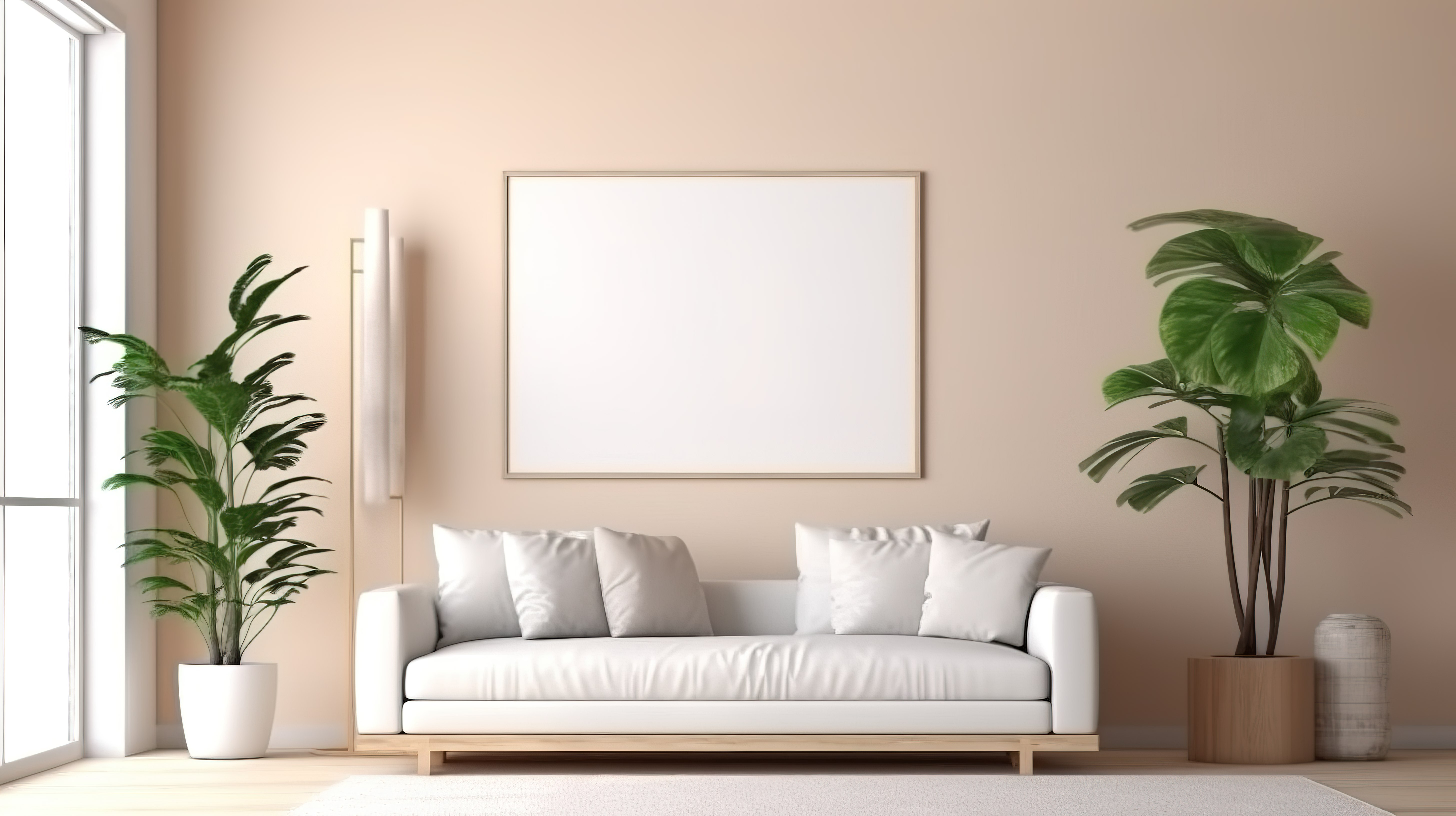 时尚的现代客厅配有舒适的沙发郁郁葱葱的绿色植物和别致的海报框架图片