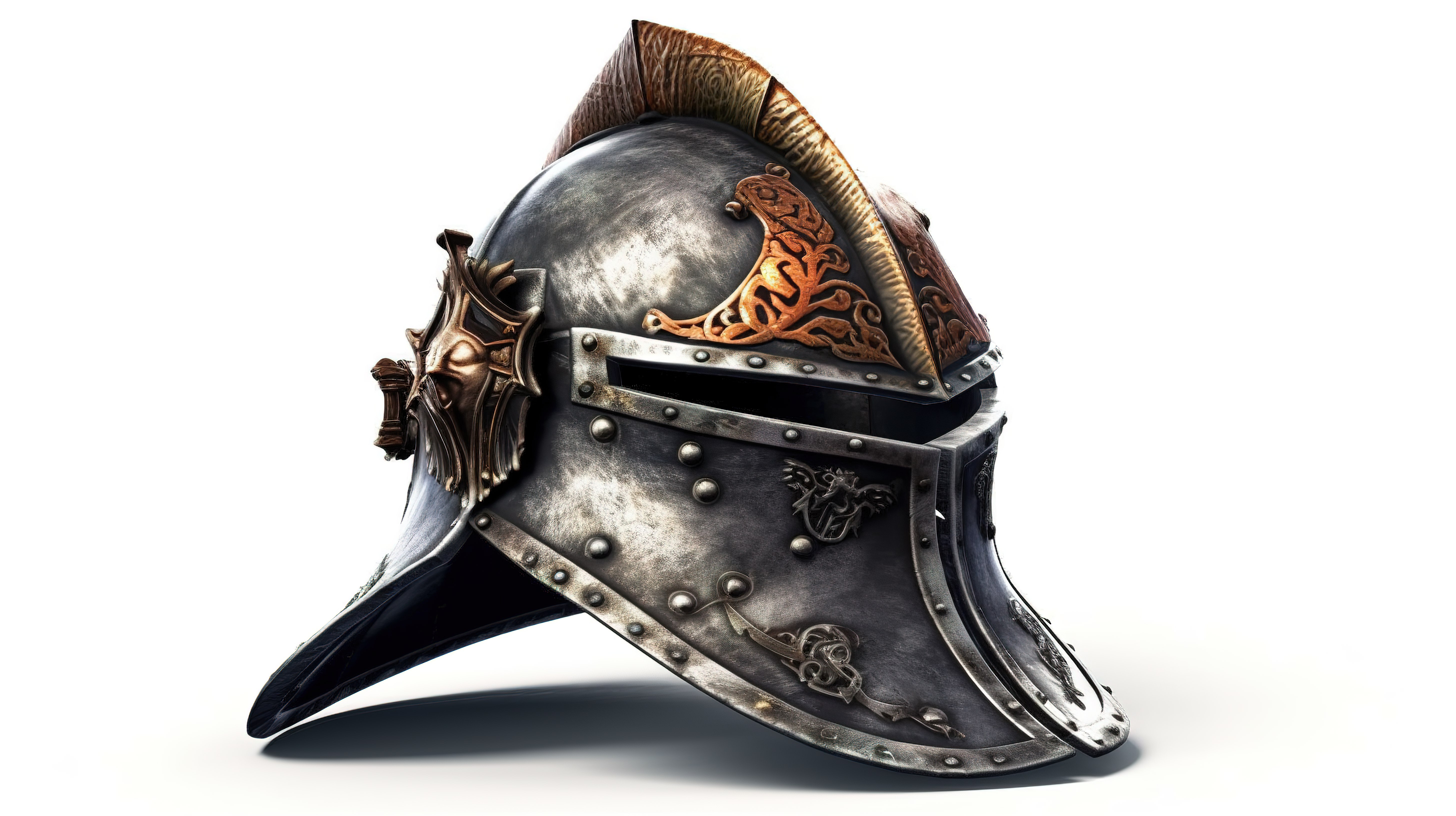 白色背景上孤立的中世纪骑士头盔，3D 渲染的过去的军事遗迹图片