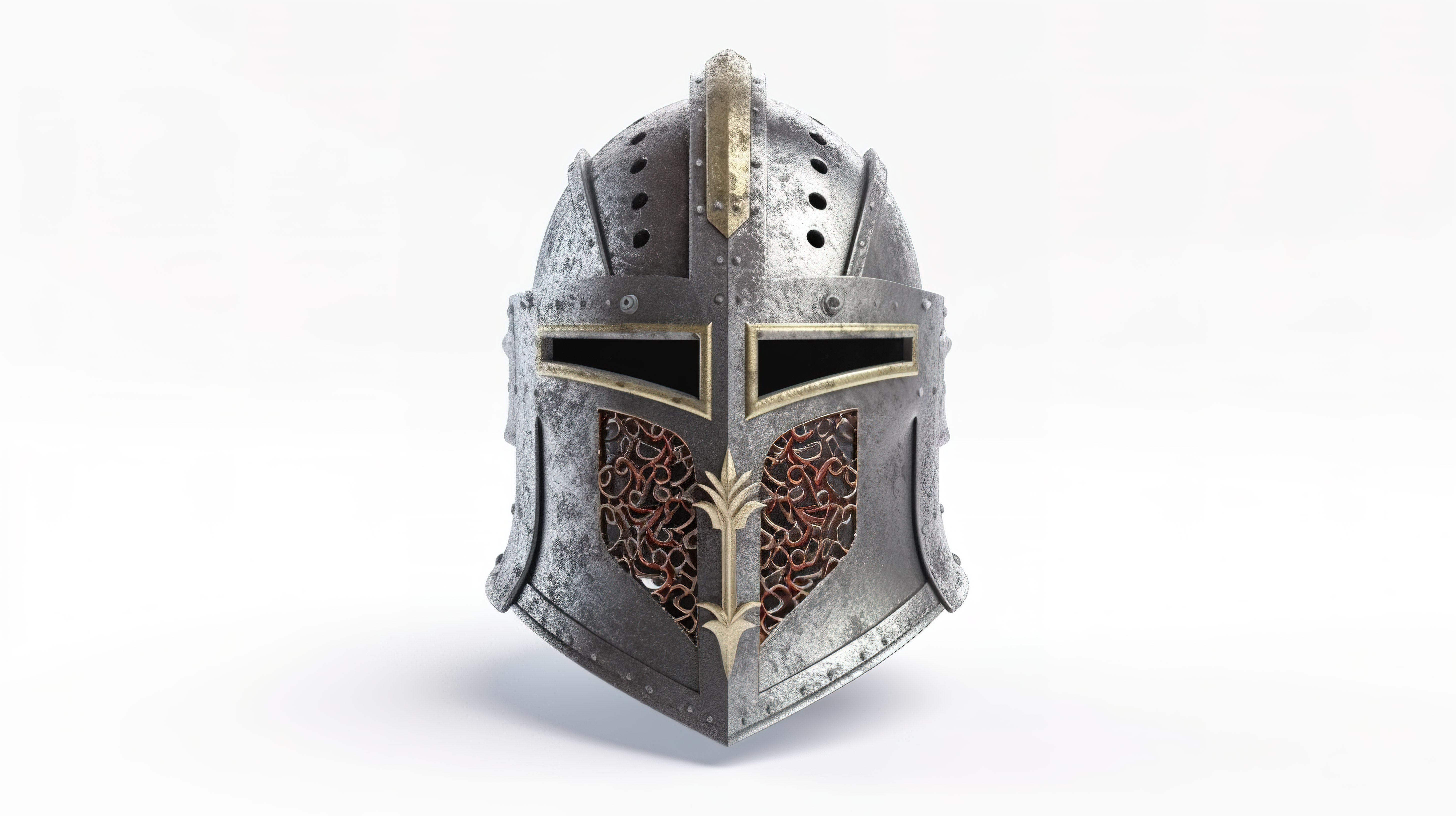 白色背景下隔离的军用盔甲中世纪骑士头盔的 3D 渲染图片
