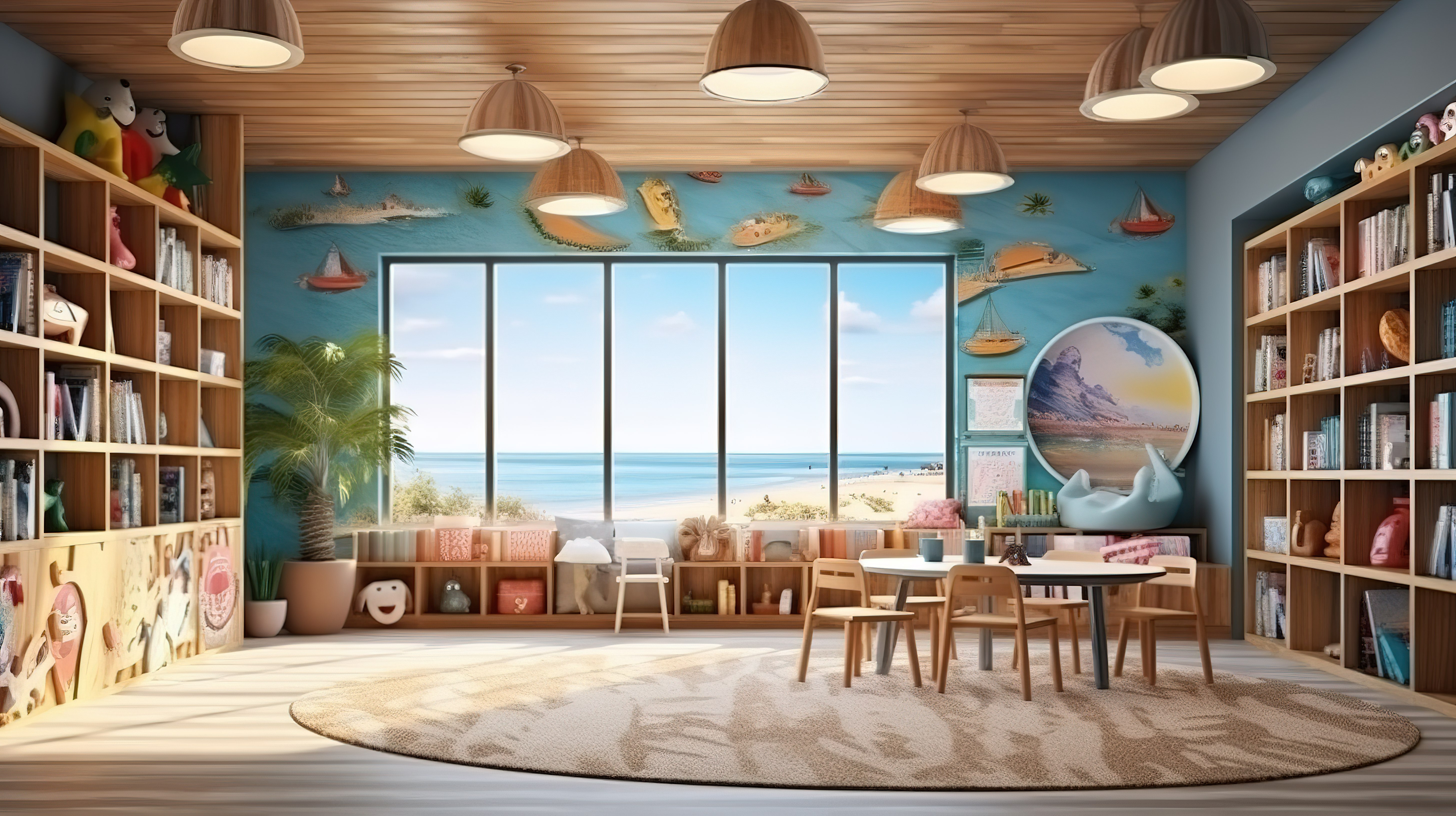 色彩缤纷以海洋为主题的学校图书馆室内设计，专为儿童设计，以木质装饰和有趣的 3D 渲染为特色图片
