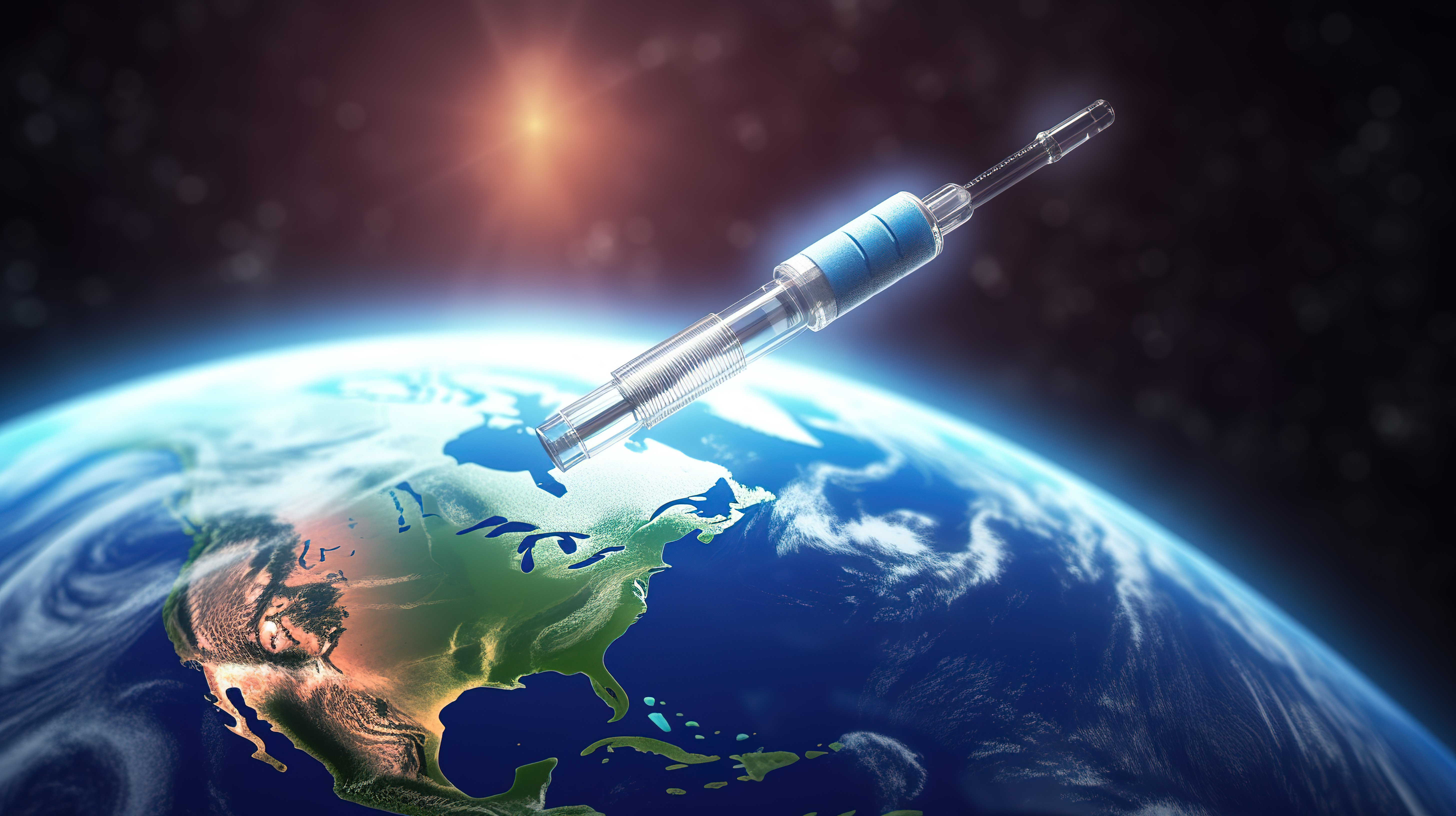 地球正在用医用注射器和针头进行疫苗接种 3D 渲染，元素由 NASA 提供图片