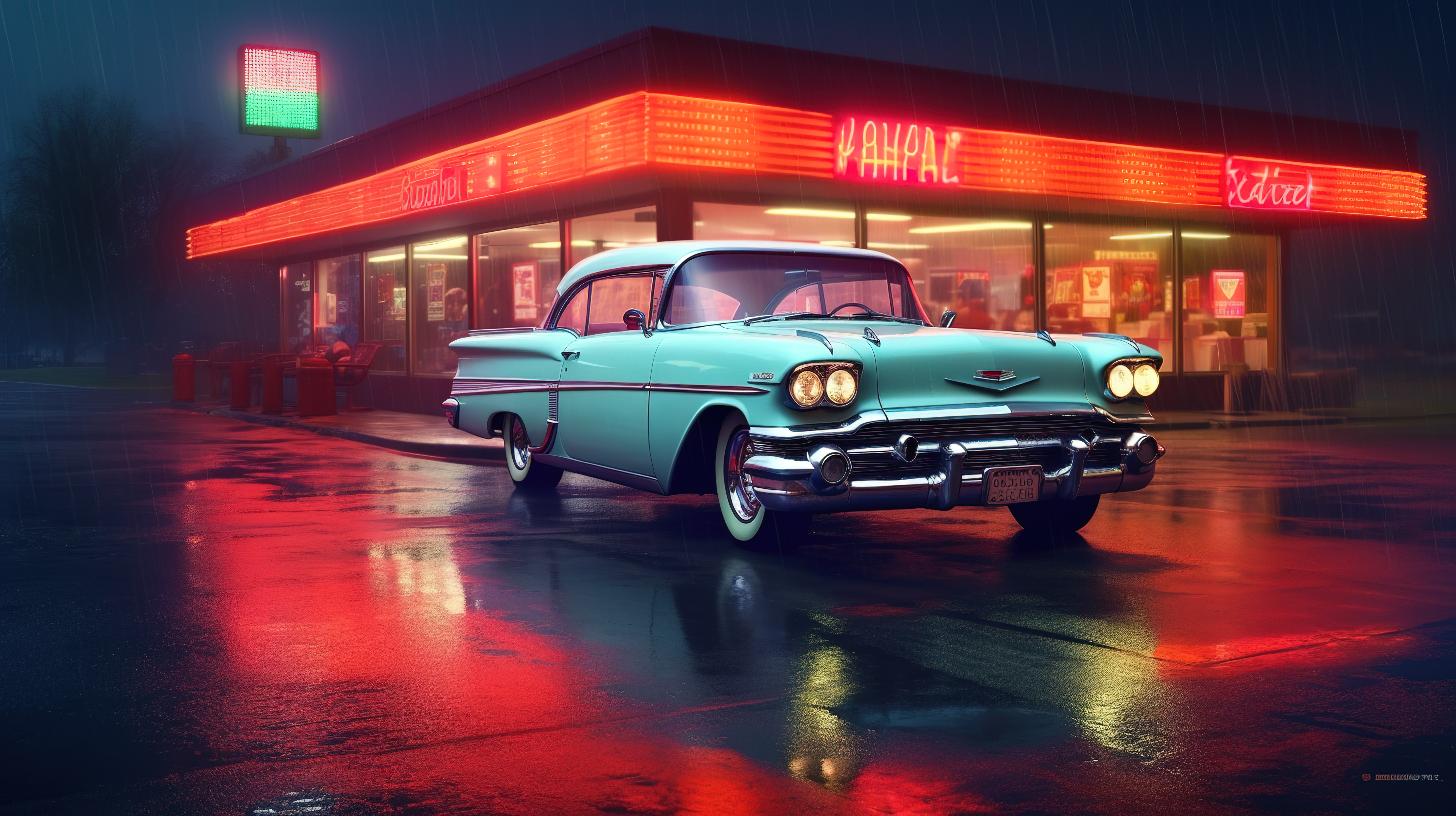 夜晚元素中充满活力的霓虹灯餐馆和老式汽车，在潮湿的路面 3D 图形上有彩色反射图片