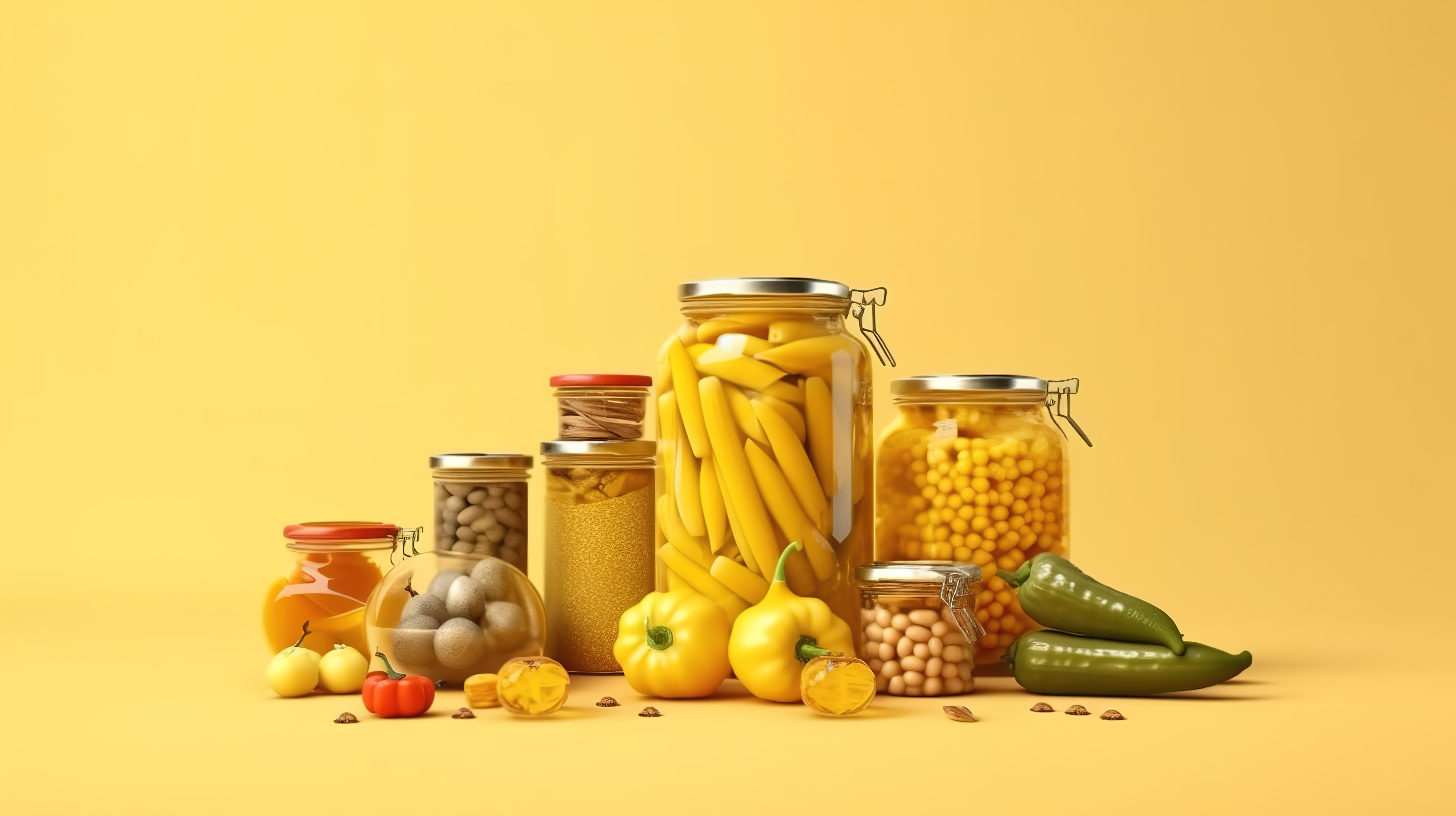 黄色背景的 3D 渲染，带有厨房用具油和罐装蔬菜在罐子里图片