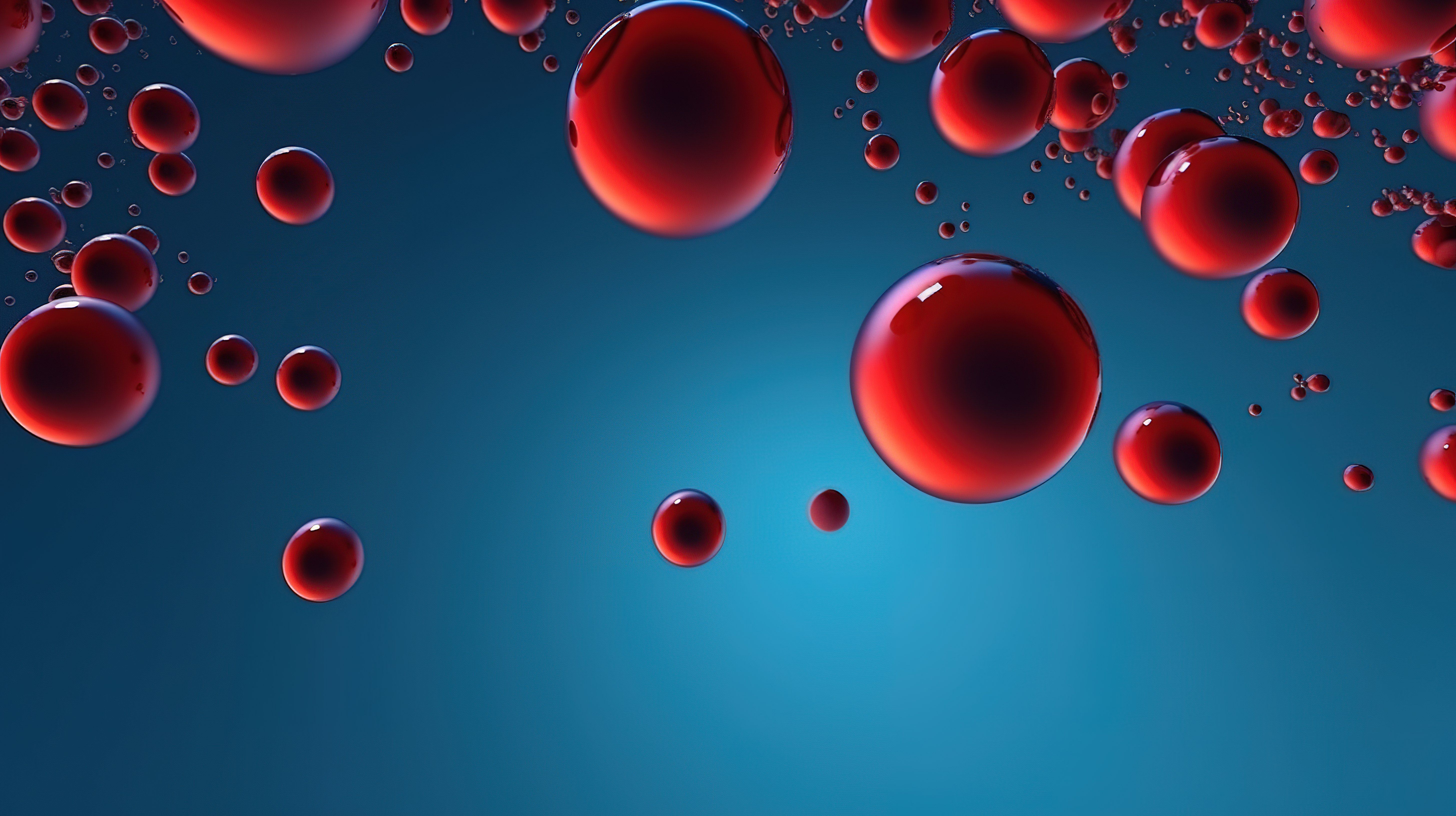 3D 插图中不同大小的充满活力的红色气泡与蓝色背景形成鲜明对比图片