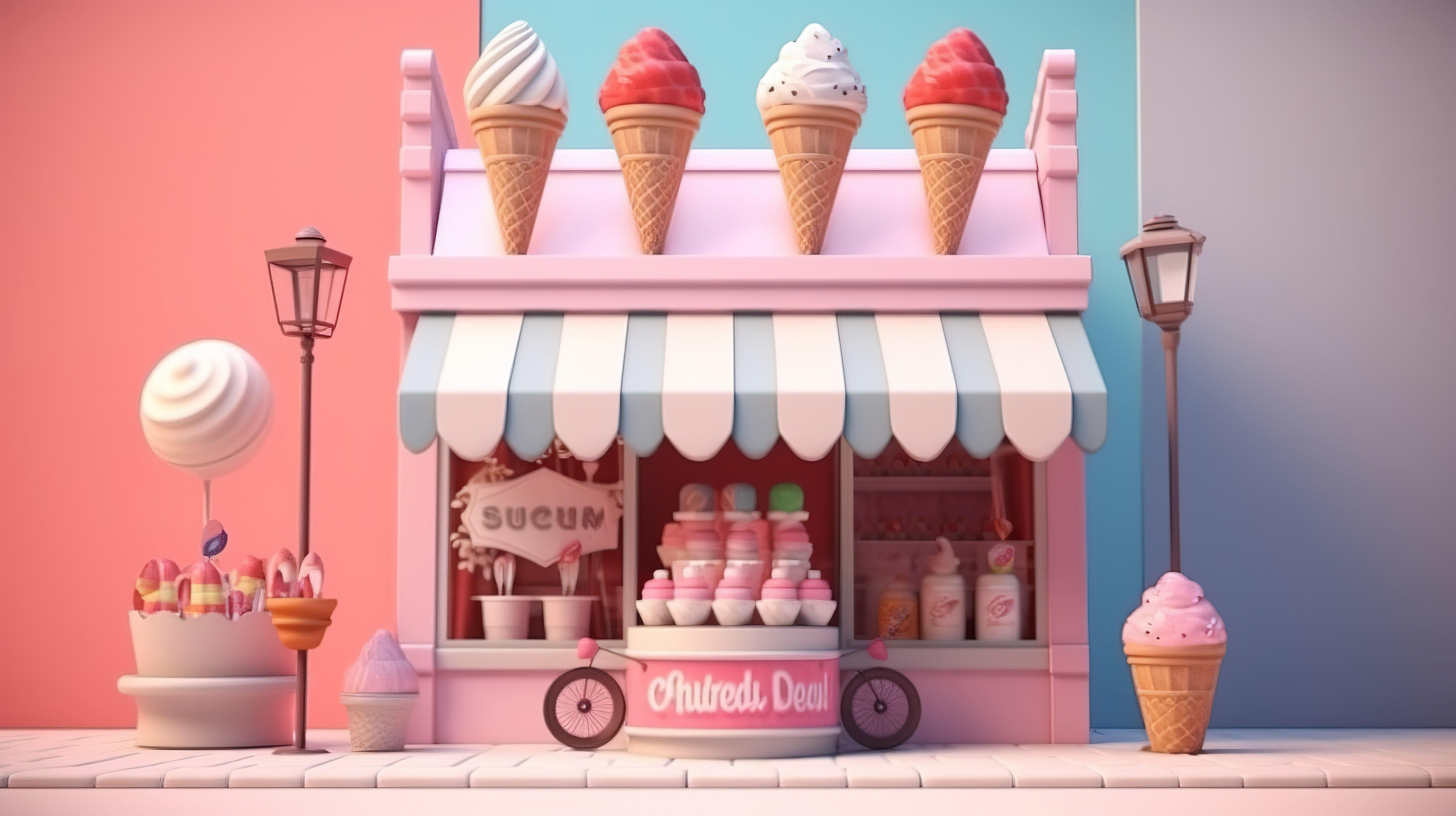 小企业概念时尚糖果店，配有冰淇淋 3D 插图图片