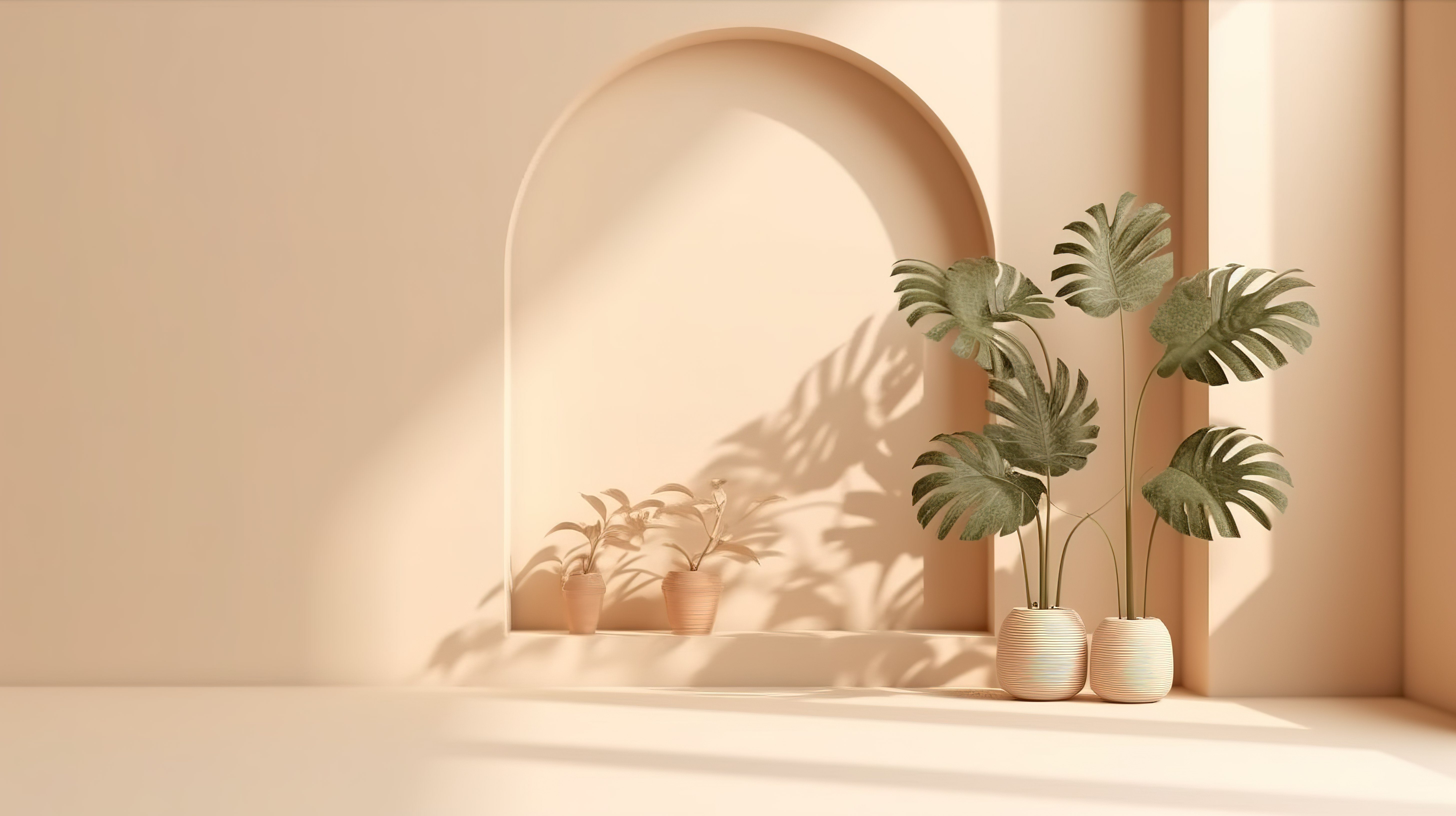 时尚简单的 3D 矢量背景，用于显示带有窗影和植物的米色柔和产品图片