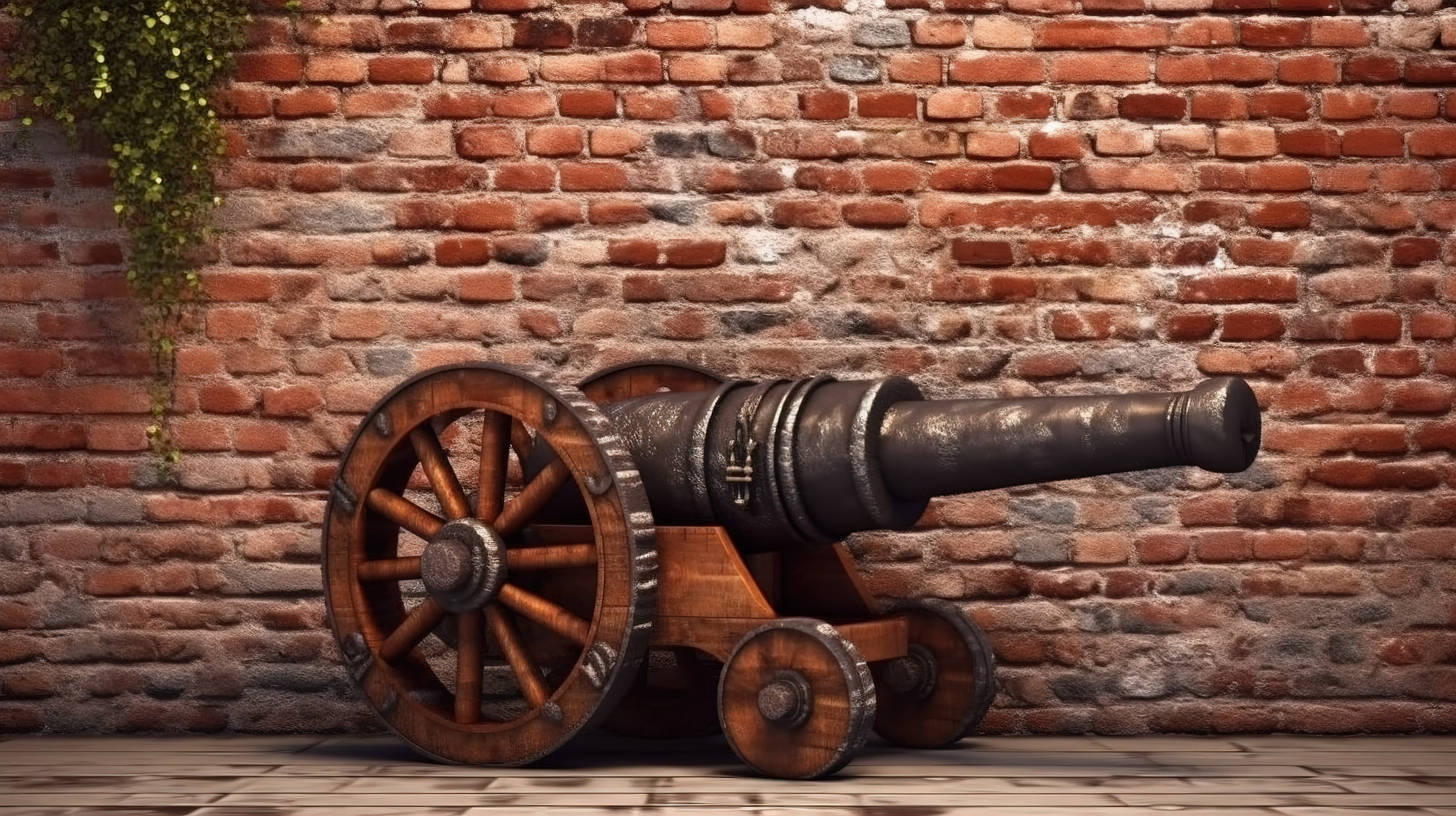 古董海盗大炮站在 3D 渲染的砖墙前图片