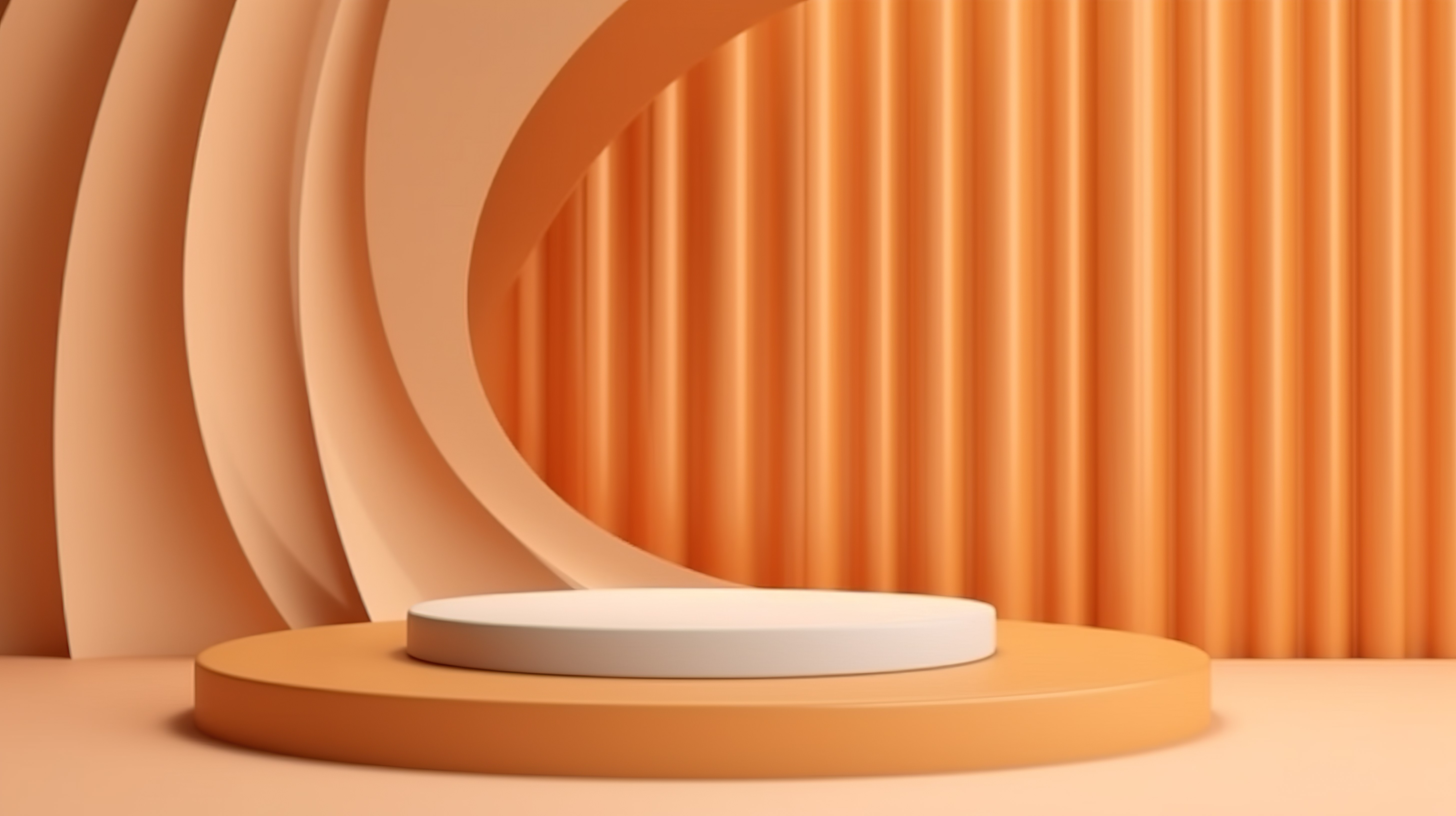 简约 3D 产品展示豪华浅橙色圆柱讲台，带纹理的波浪金色背景图片