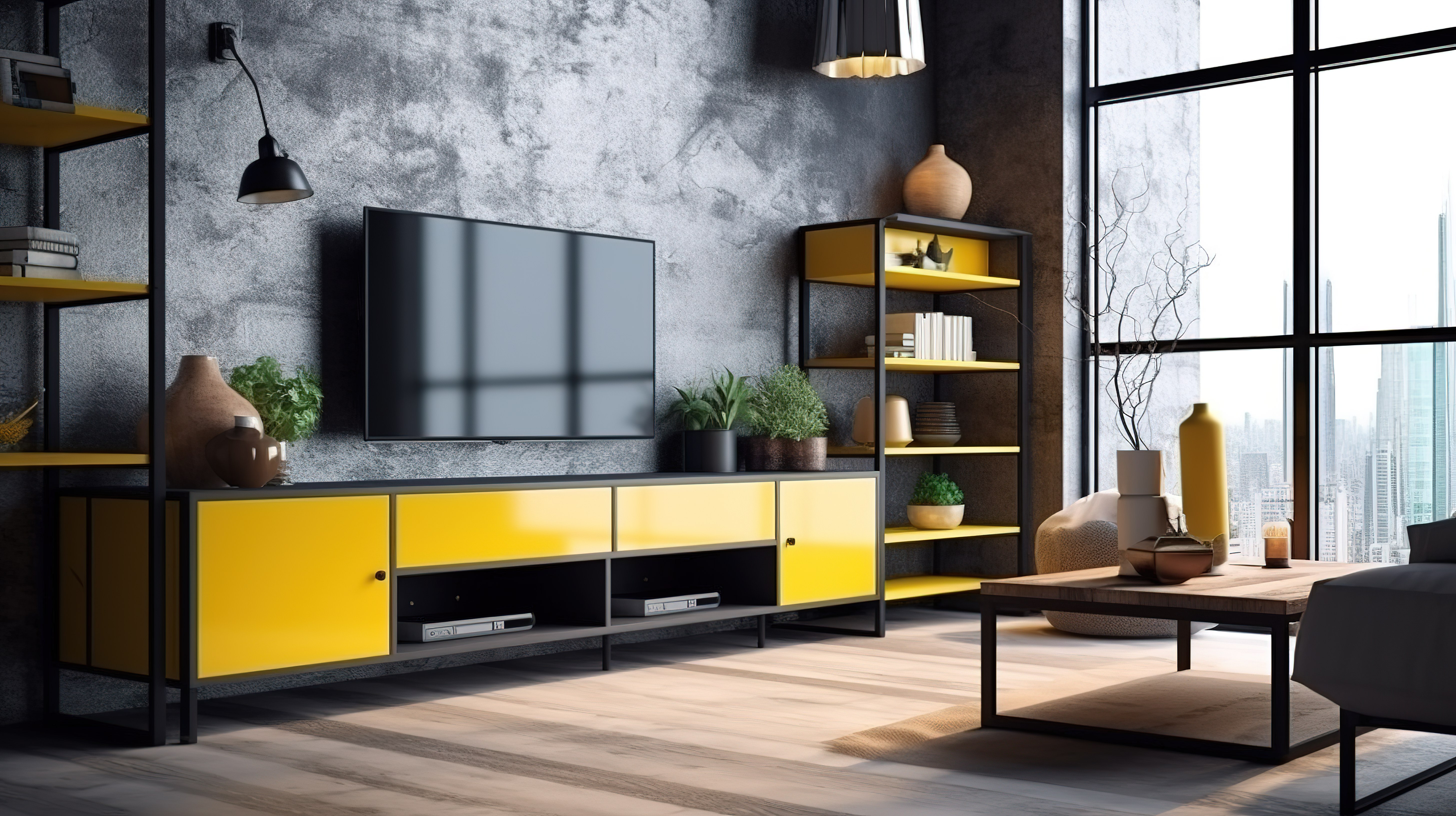 时尚的阁楼休息室设有黄色设计师电视柜，配有架子和电视 3D 渲染图片
