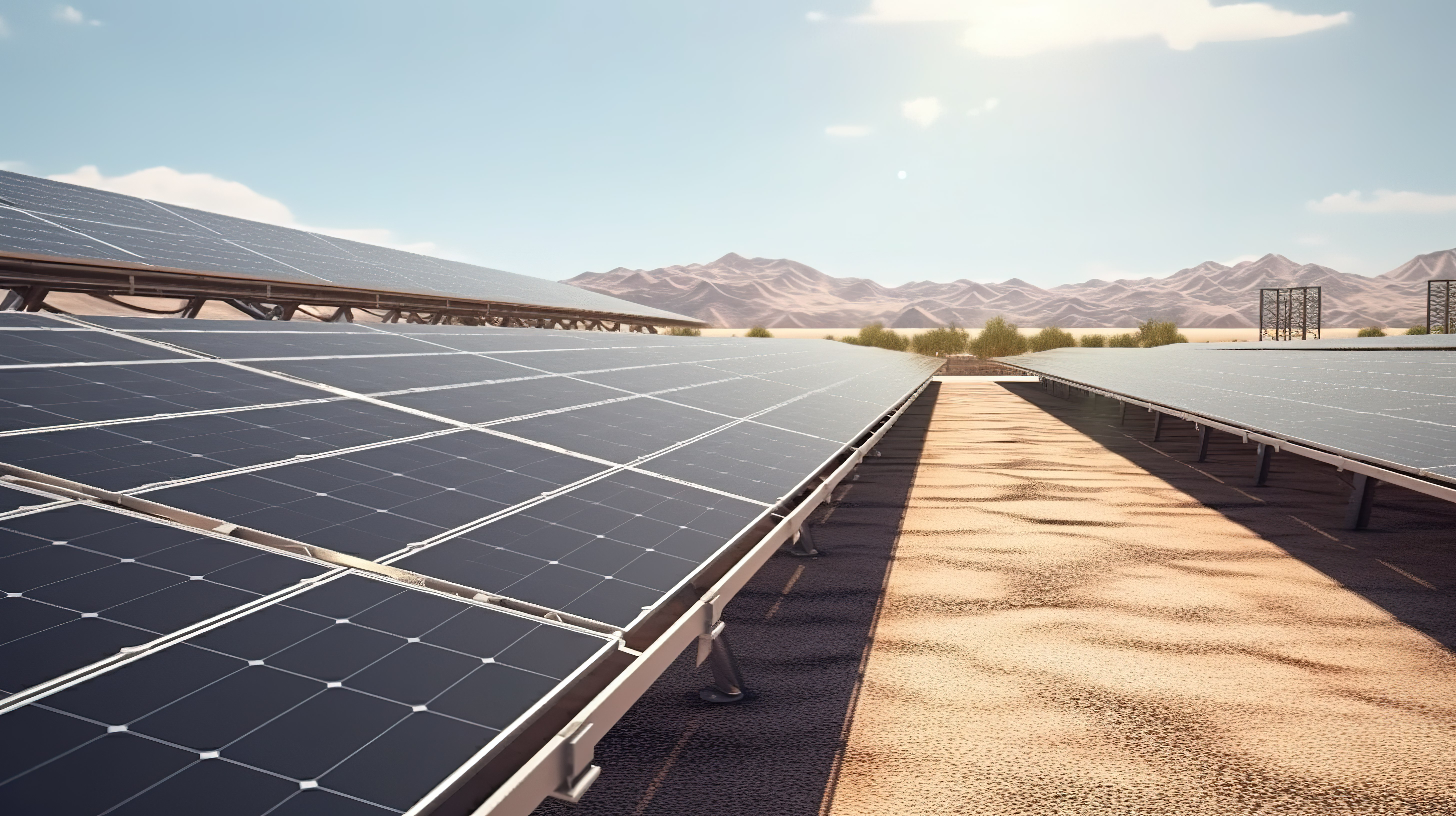 在沙漠气候和阳光明媚的天空下，光伏电站中使用的时尚太阳能电池板令人惊叹的 3D 渲染图片