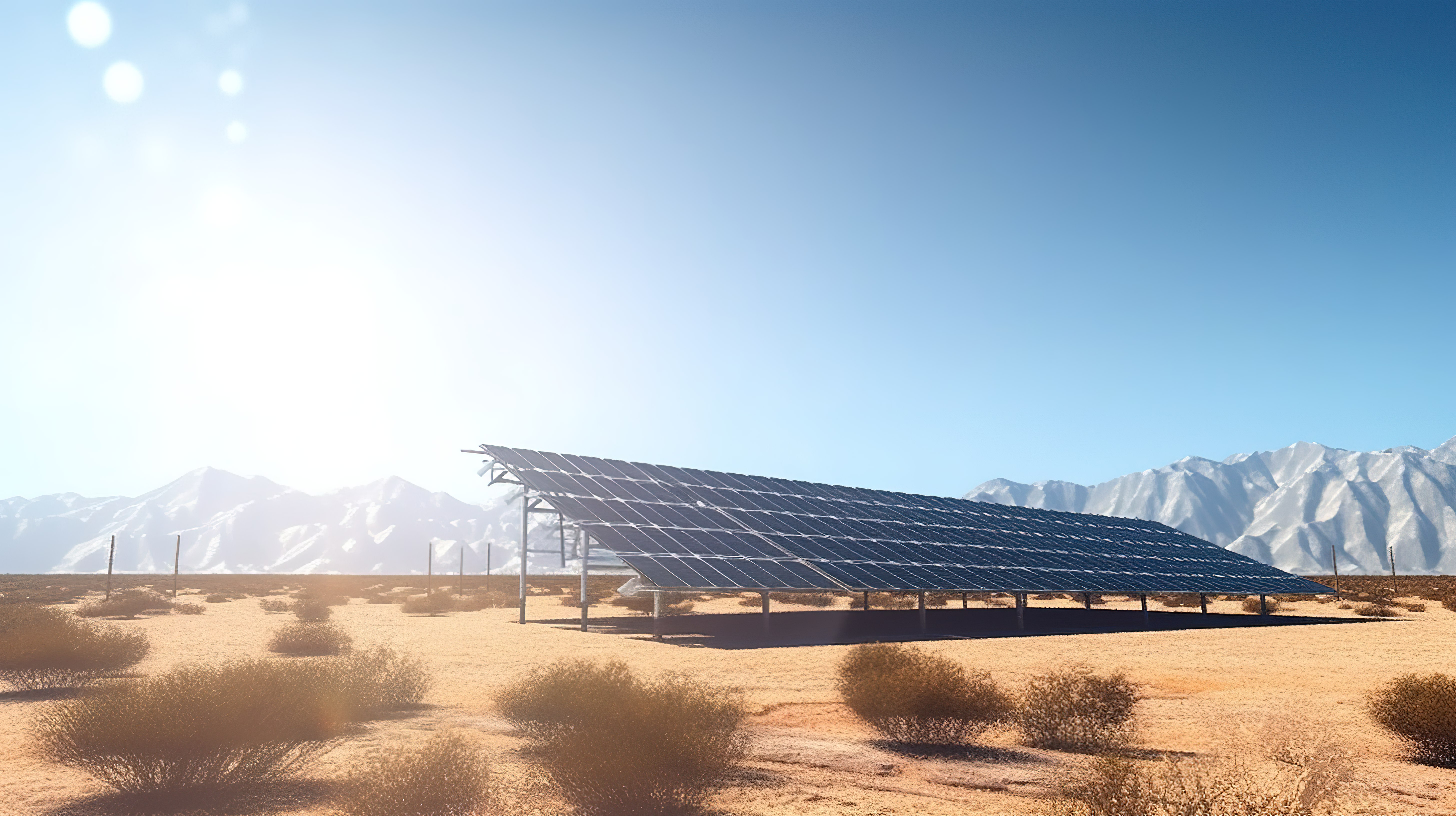 沙漠光伏电站中光滑的太阳能电池板沐浴在阳光下 3D 渲染图片