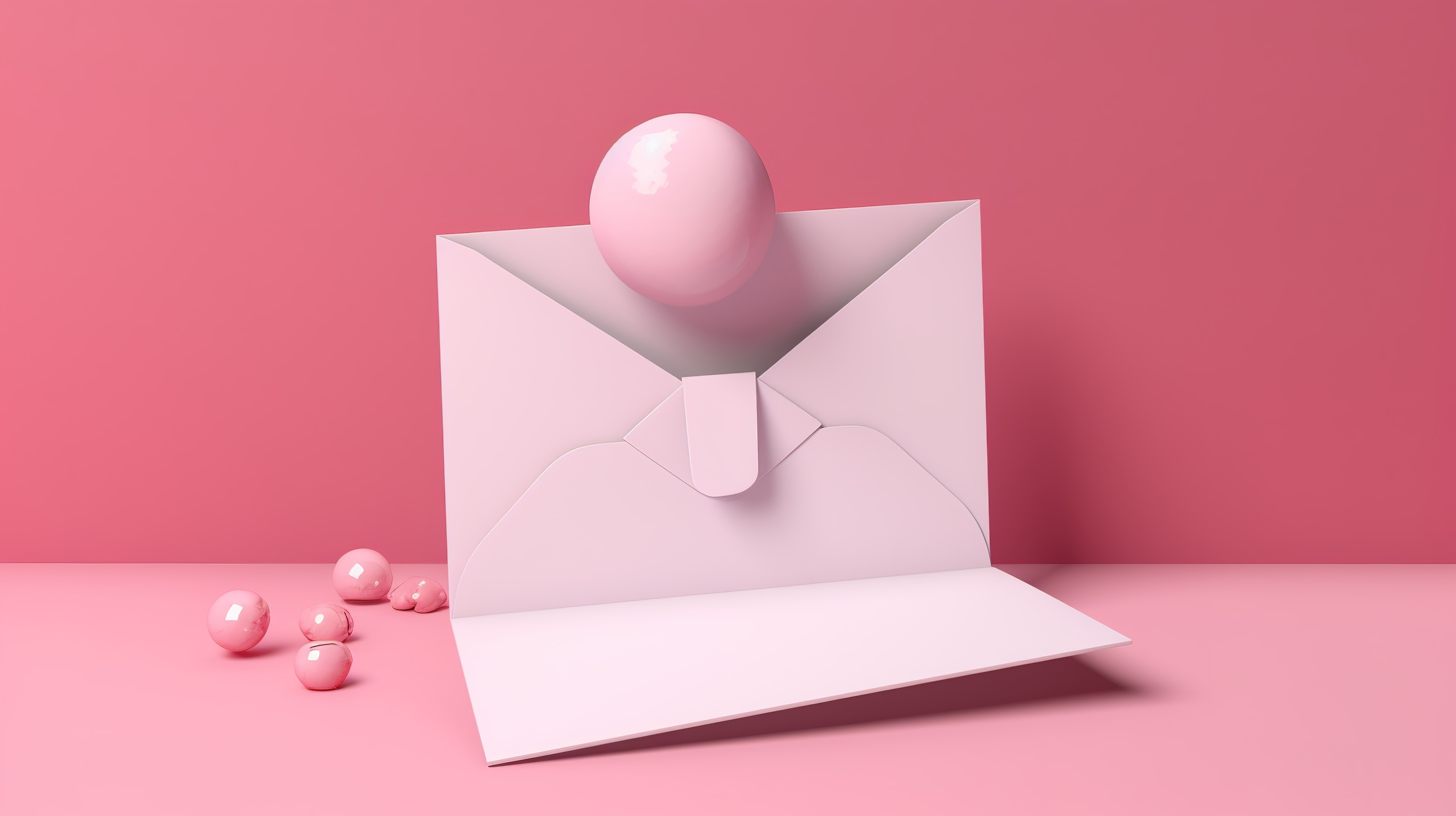 通过打开的粉色信封在 3D 渲染的粉色背景下可见空白卡图片