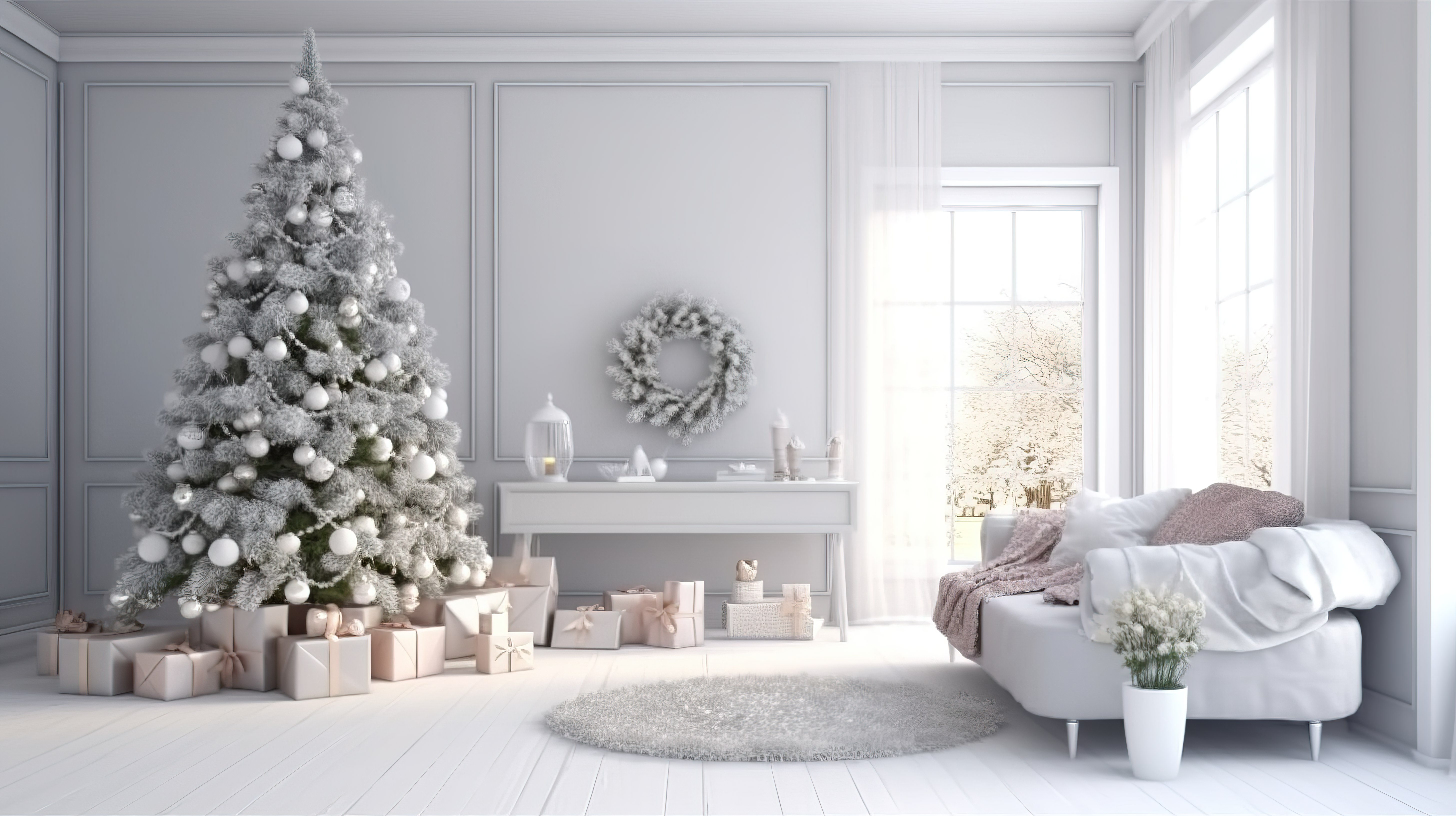 节日客厅圣诞树礼物和长袜装饰空间的 3D 渲染图片