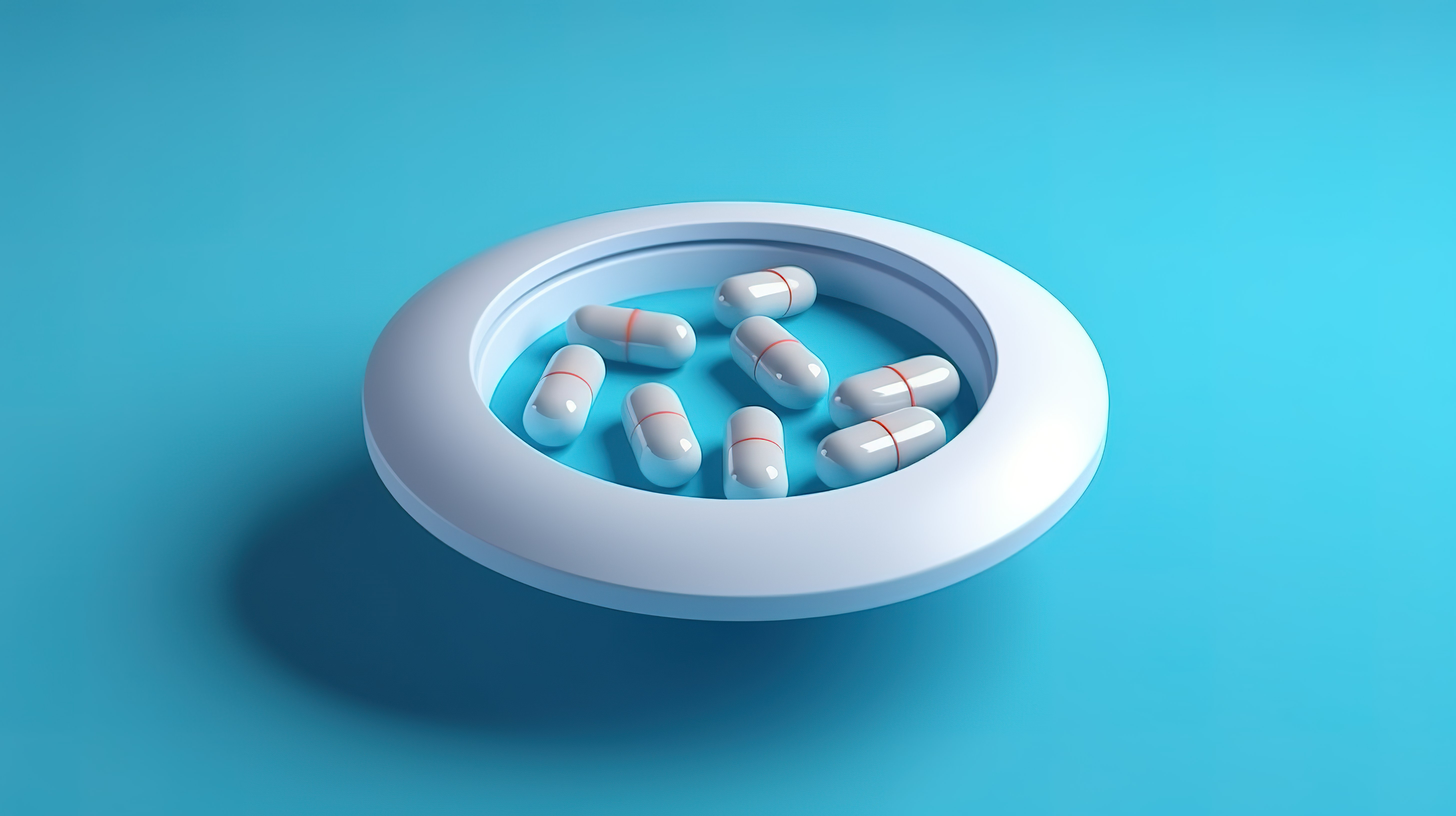 蓝色背景上隔离的圆形片剂和药物胶囊的 3D 渲染图片
