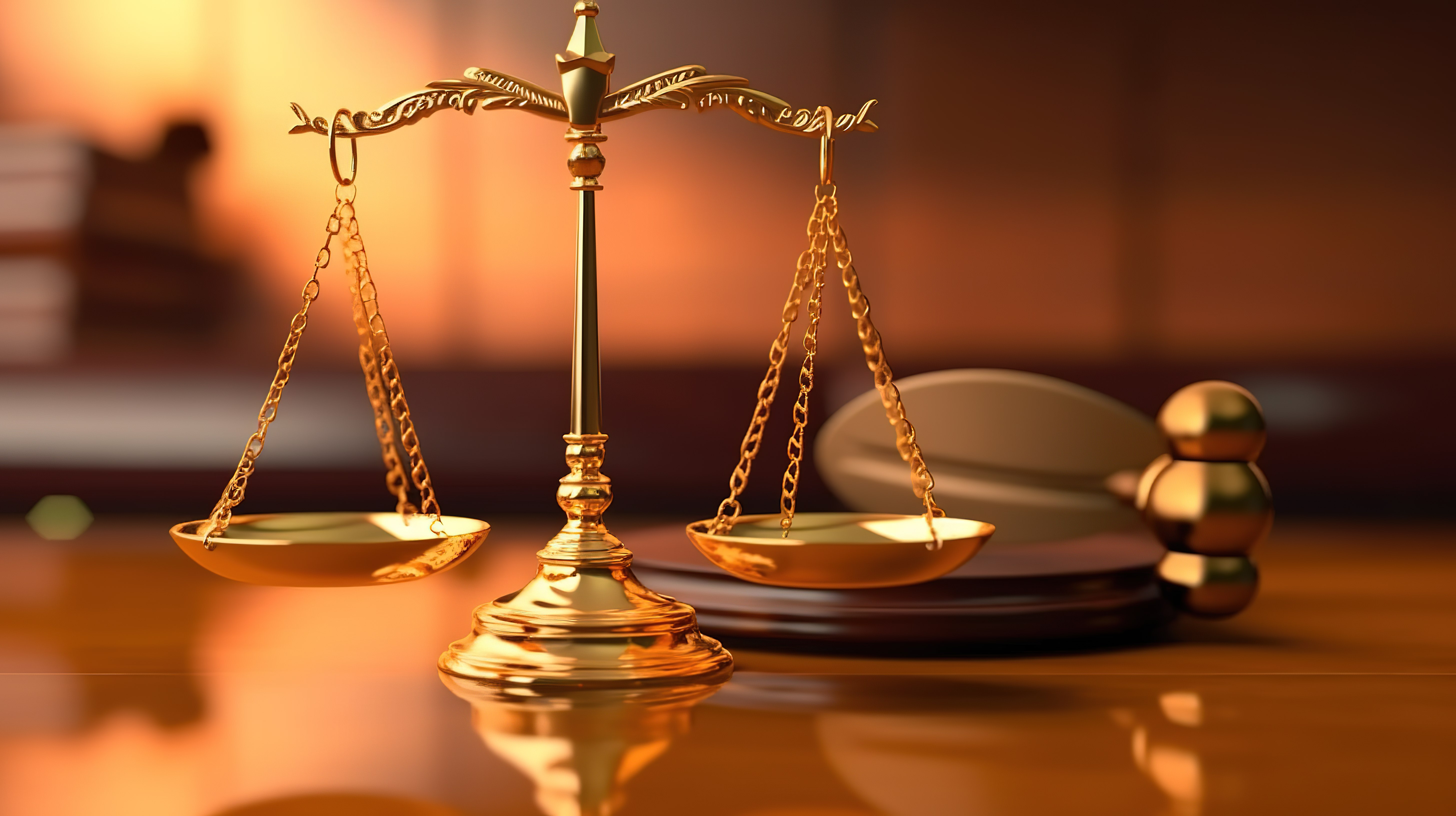 3d 渲染的法律象征木槌法官和正义的黄金天平图片
