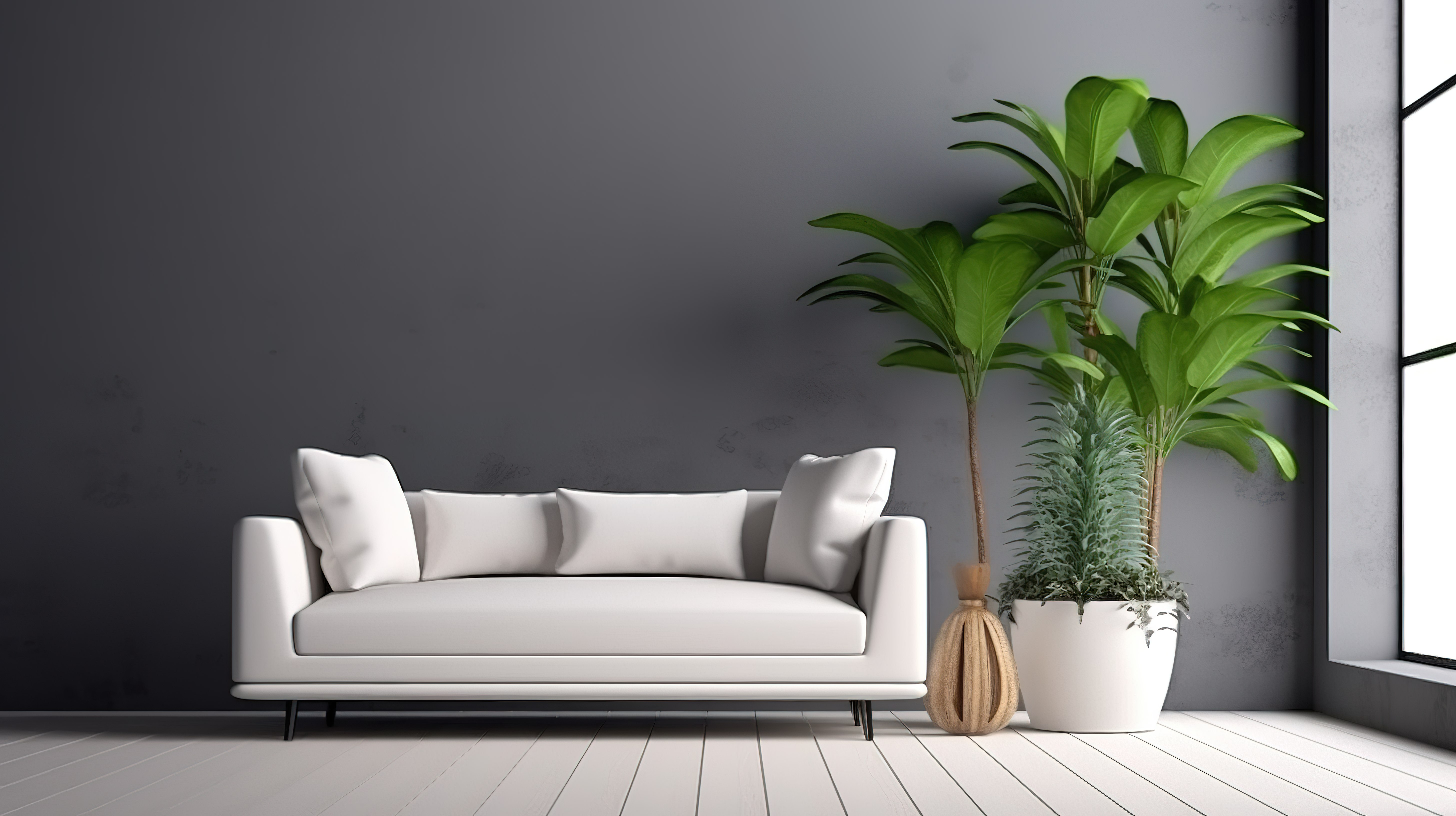宽敞客厅的现代风格白色沙发郁郁葱葱的绿色植物和简约的灰色墙壁 3D 渲染图片