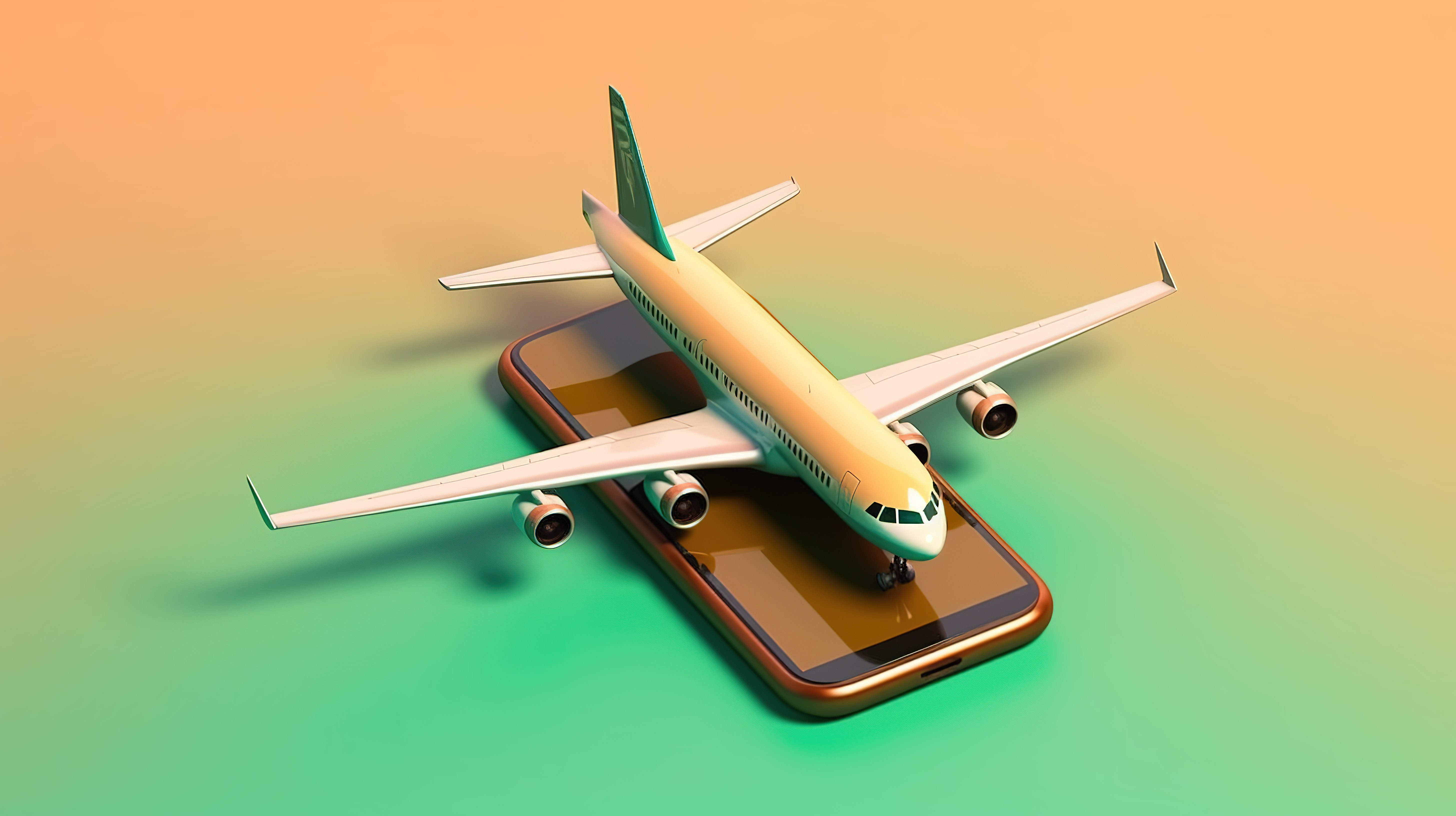 3D 风格的旅行搜索应用横幅，其中包含一部电话和一架飞机从其中飞出图片