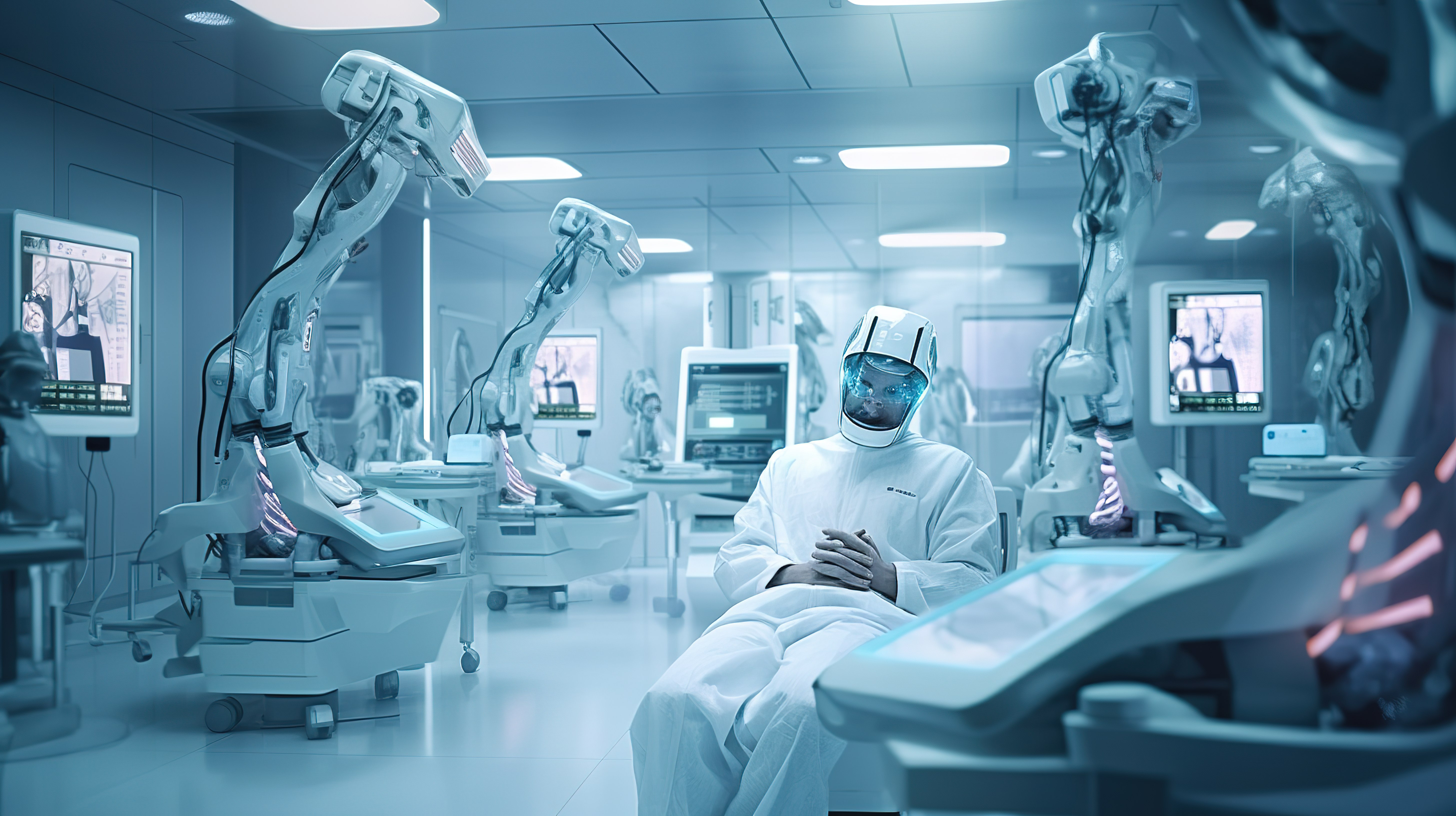 男性机器人在医院手术室协助机器人医生的 3D 插图渲染图片