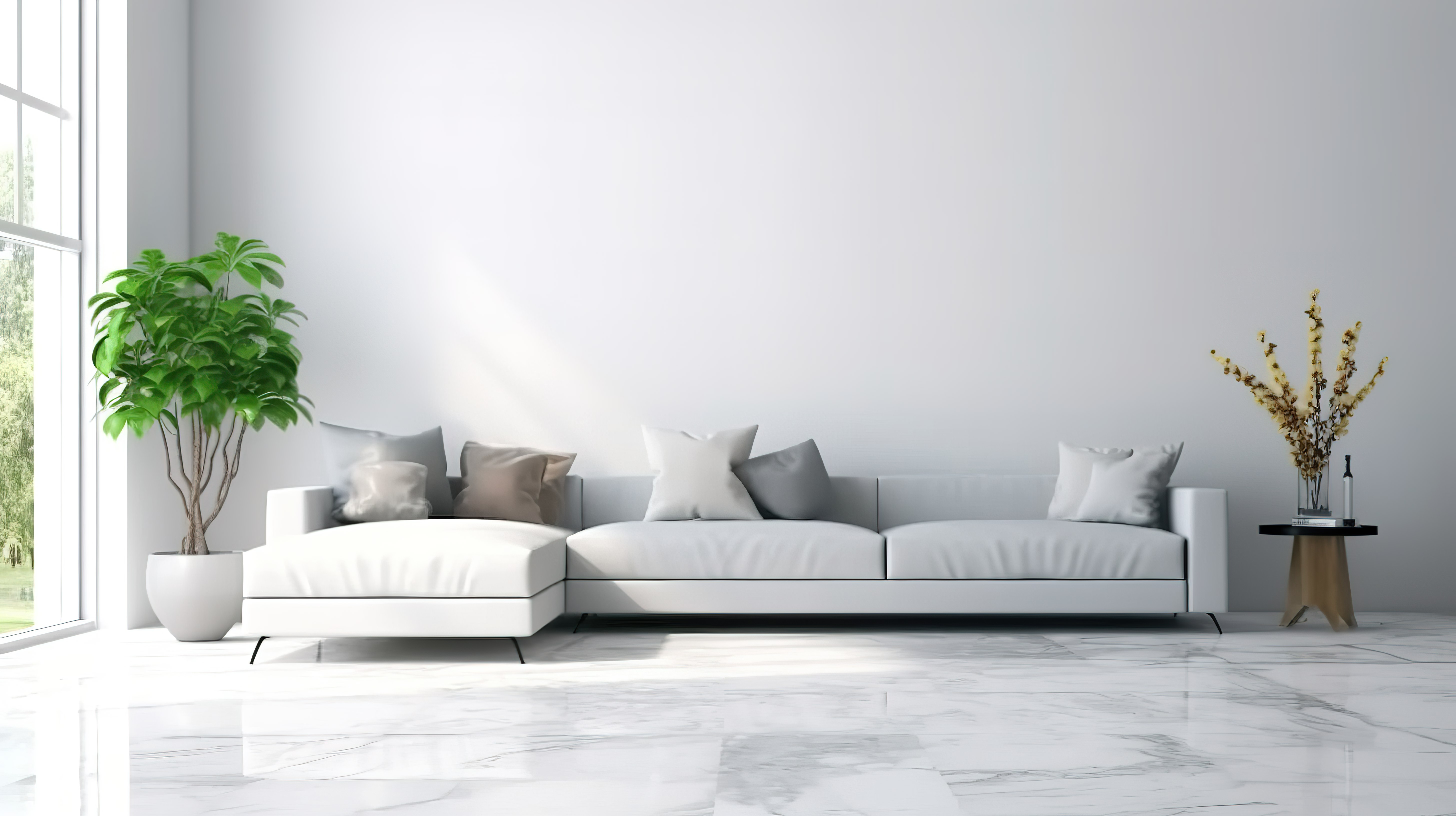 现代白色客厅配有大理石地板空白墙壁空间和 3D 家具效果图图片
