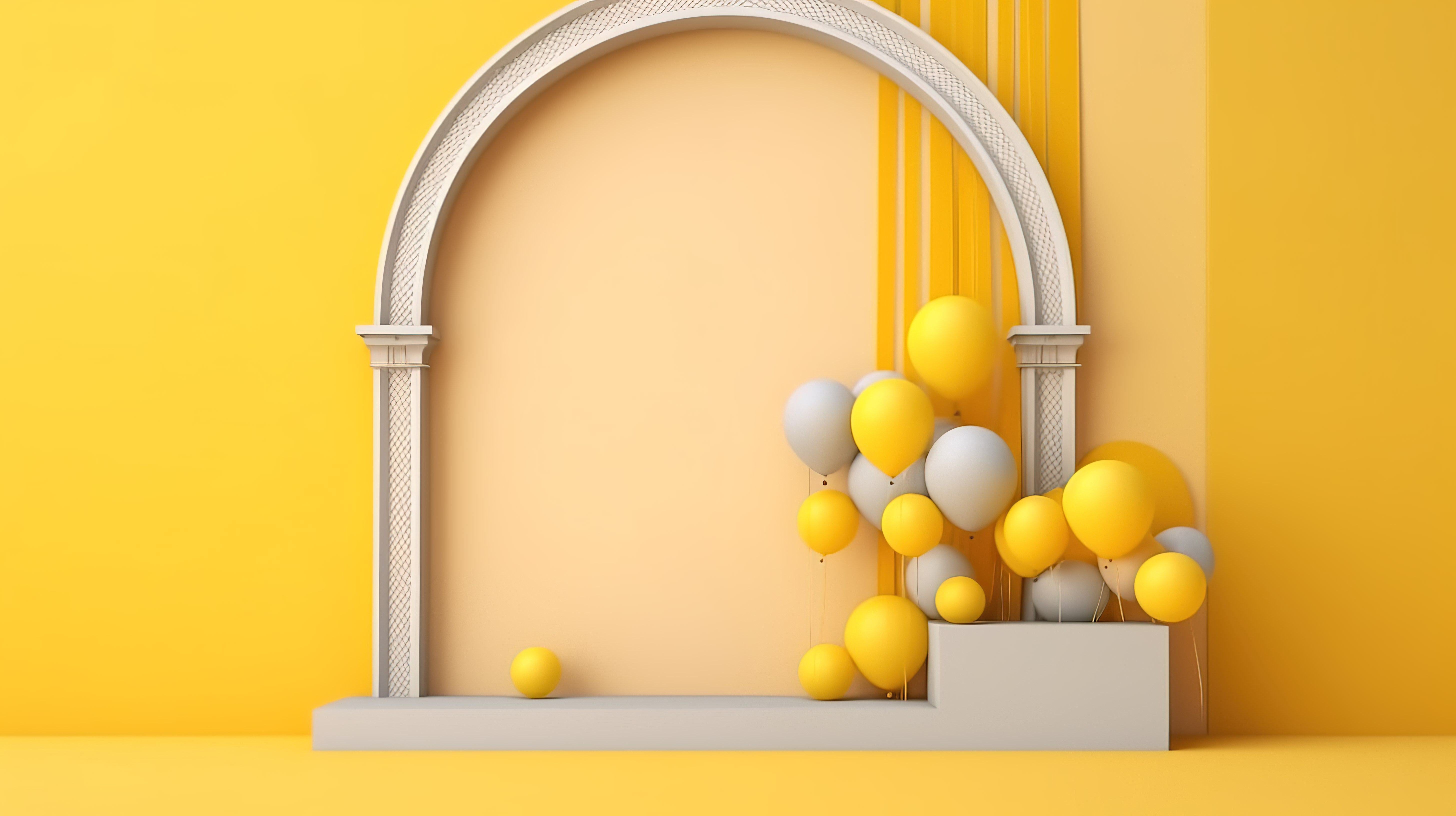 拱形窗户和悬浮气球在 3D 图形生成的黄色墙壁背景下的简单视图图片