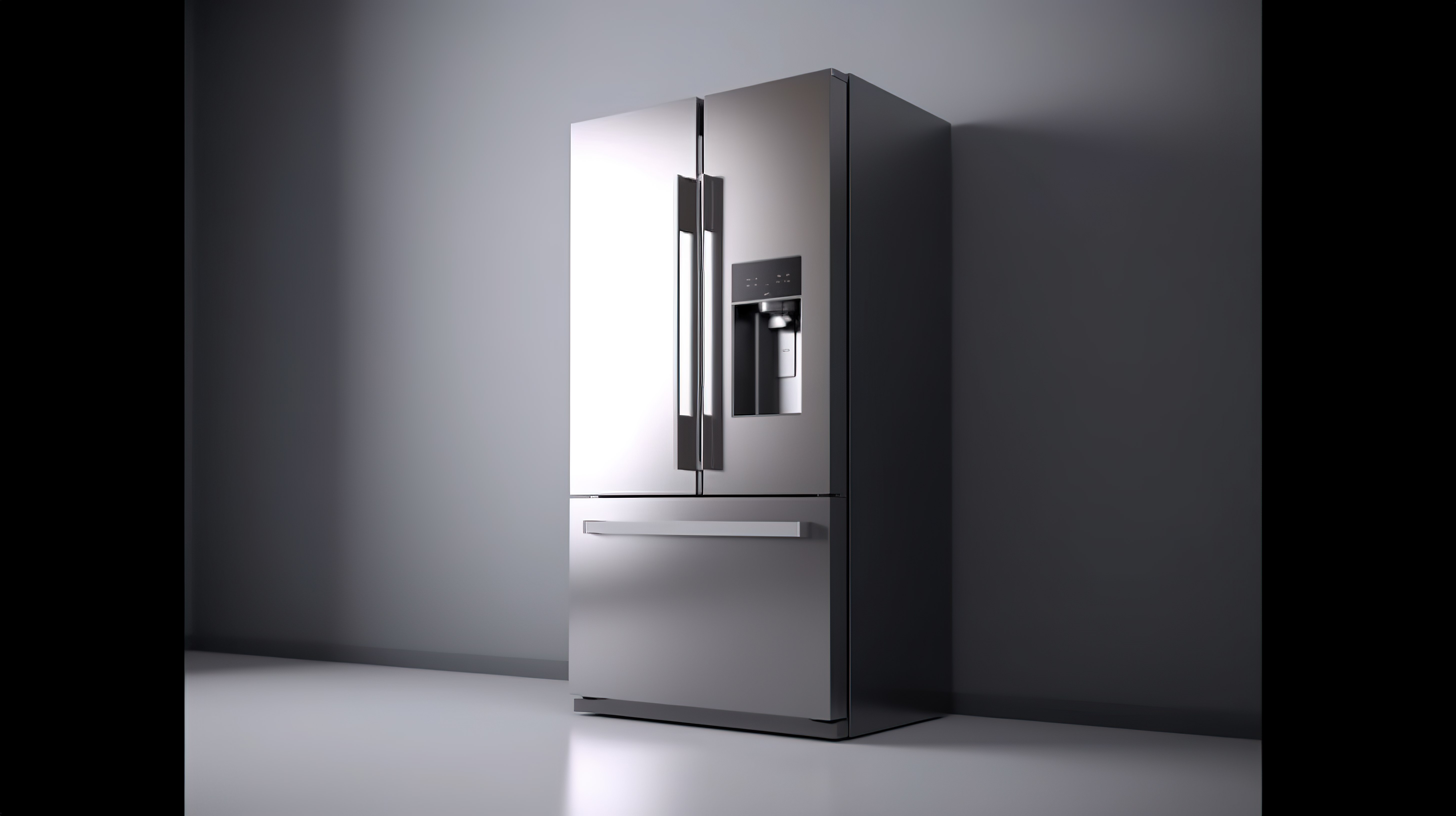 时尚的不锈钢冰箱冰柜组合展示在复杂的灰色背景 3D 渲染上，满足您的设计模型需求图片