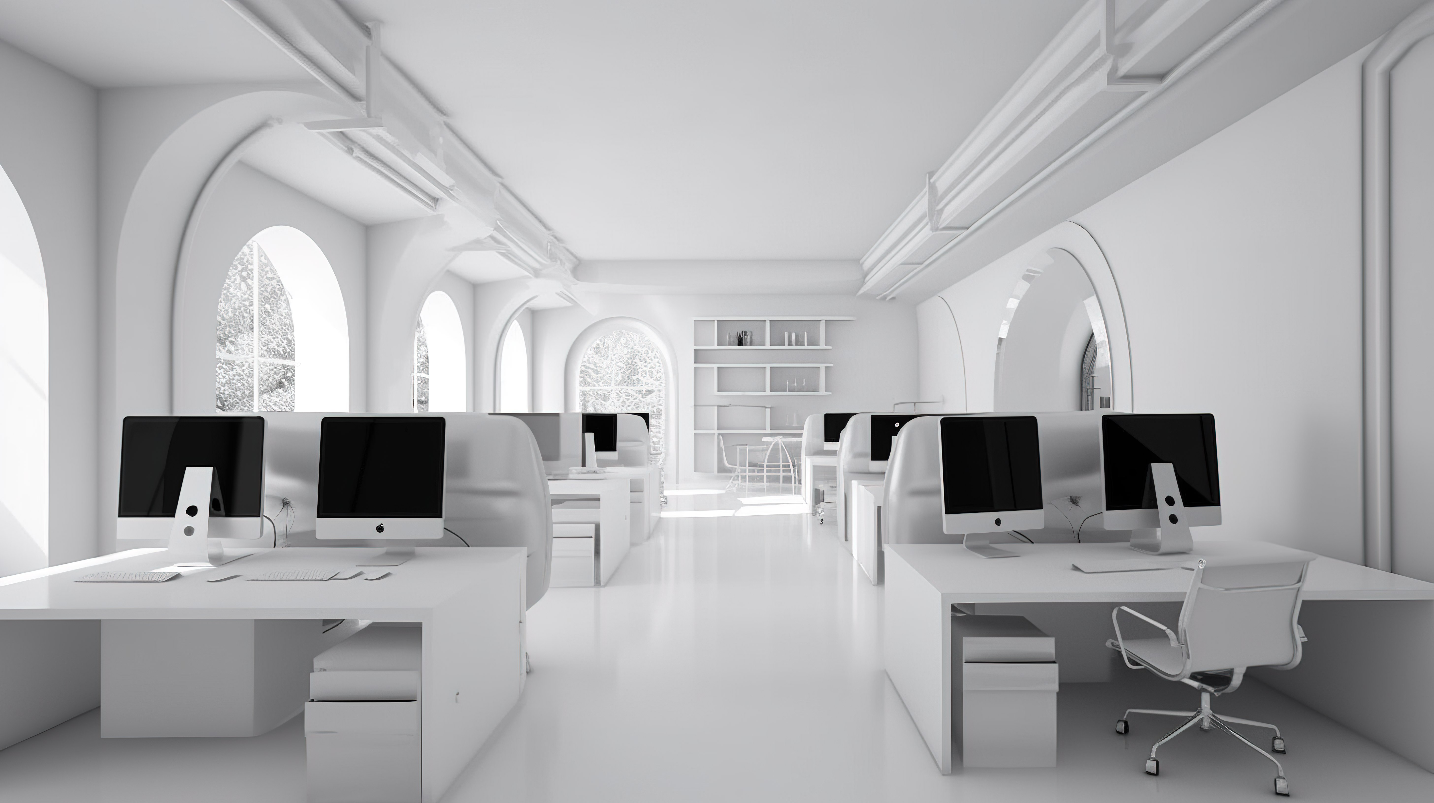 现代白色工作空间，配有令人惊叹的 3D 可视化高科技设备图片