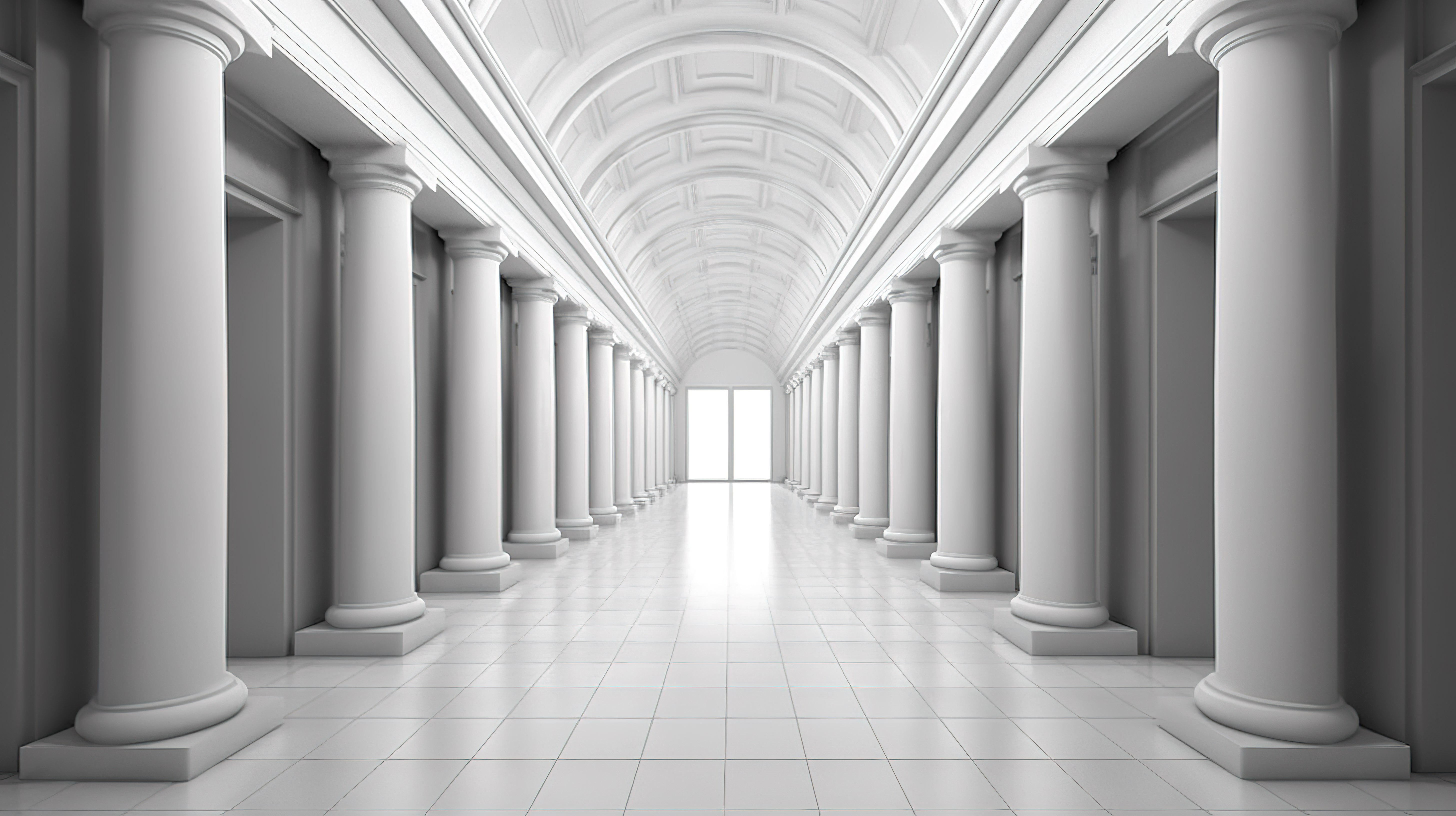 白色背景 3d 渲染中一条长隧道内衬的经典柱子图片