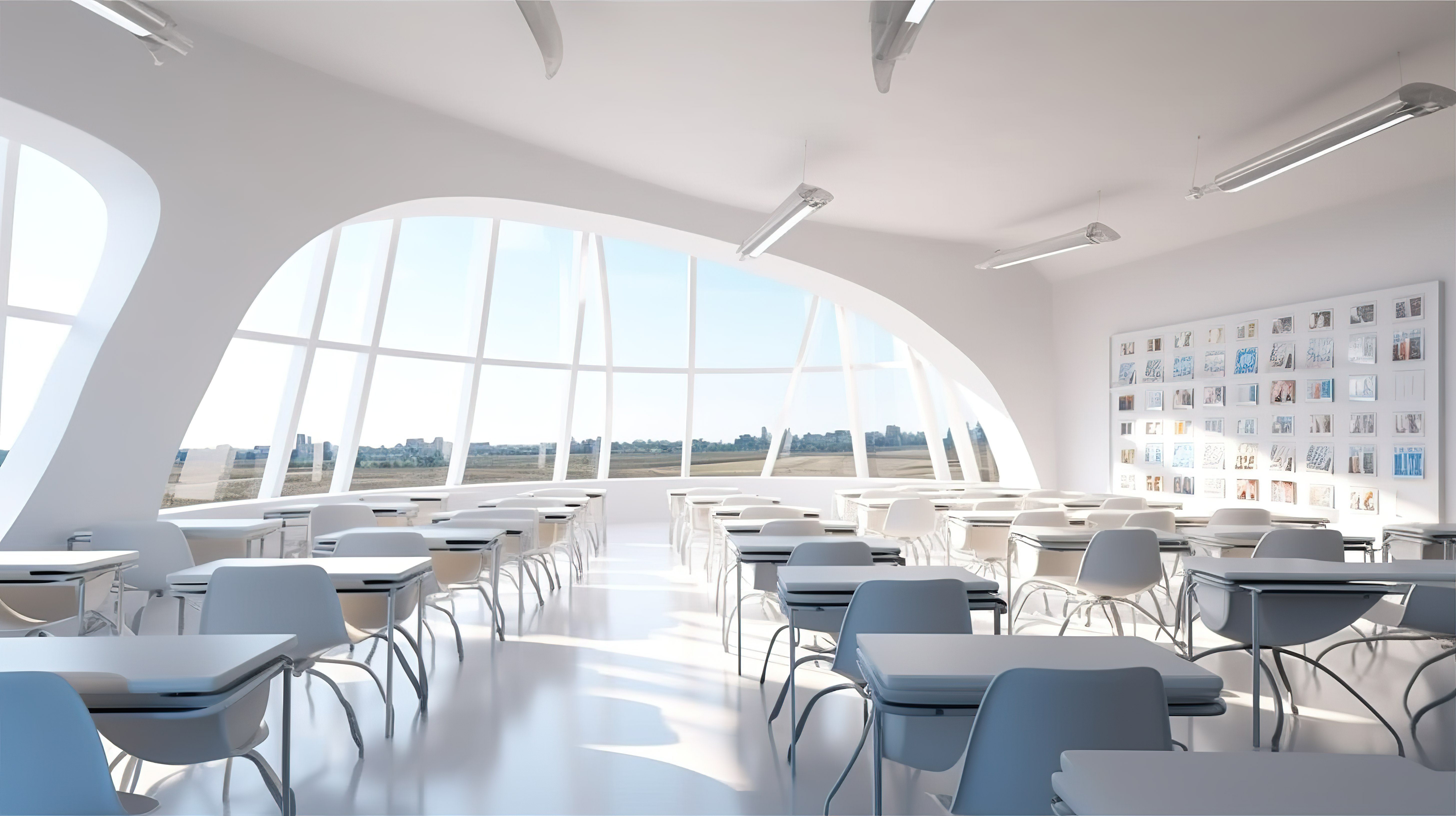 时尚的教室拥有宽敞的全景窗户和现代白色书桌，令人惊叹的 3D 渲染图片