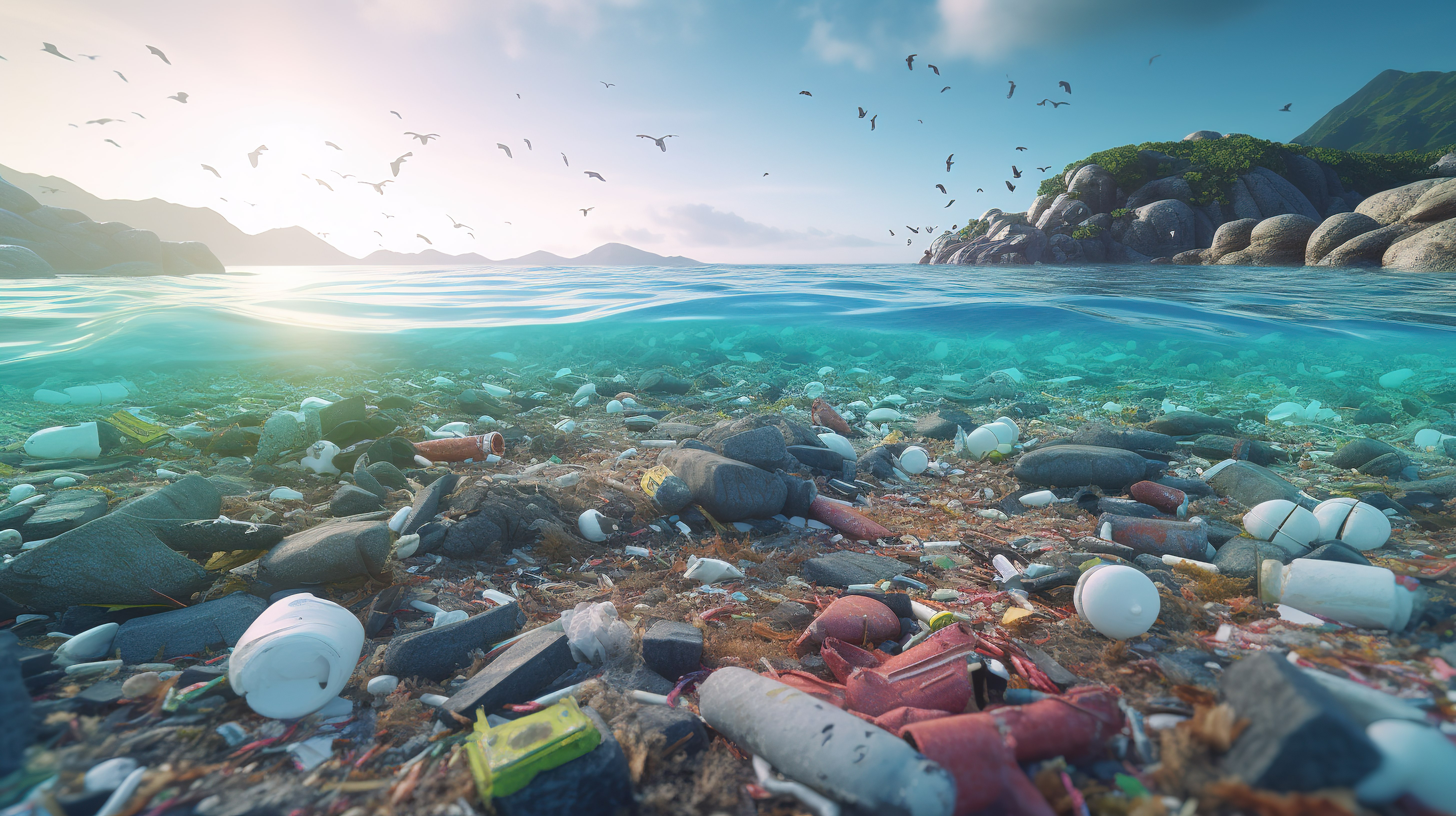 被塑料垃圾污染的海洋的高质量 3D 渲染图片