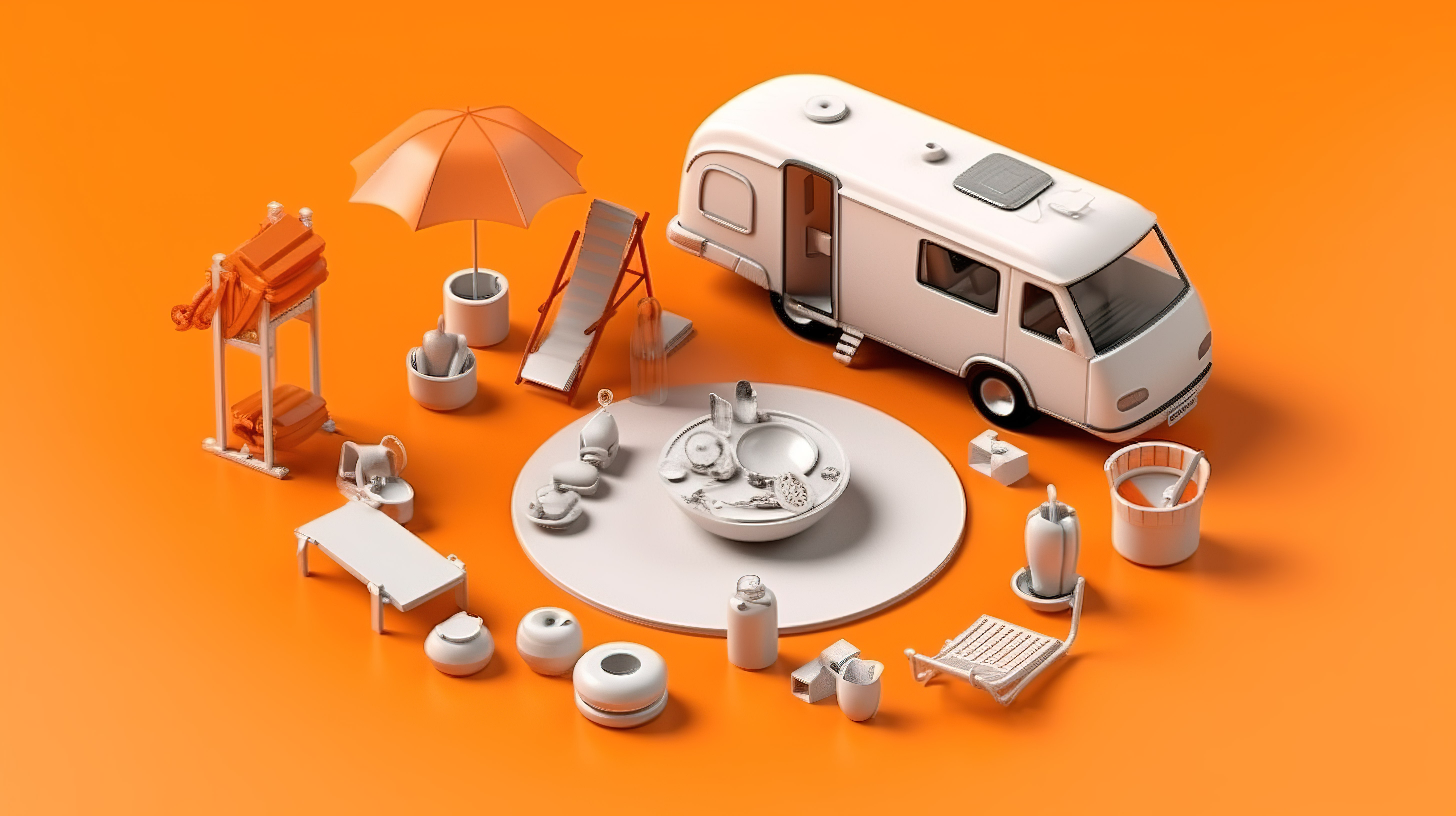 橙色背景上的单色白色露营设备 3D 渲染等距场景和物体图片