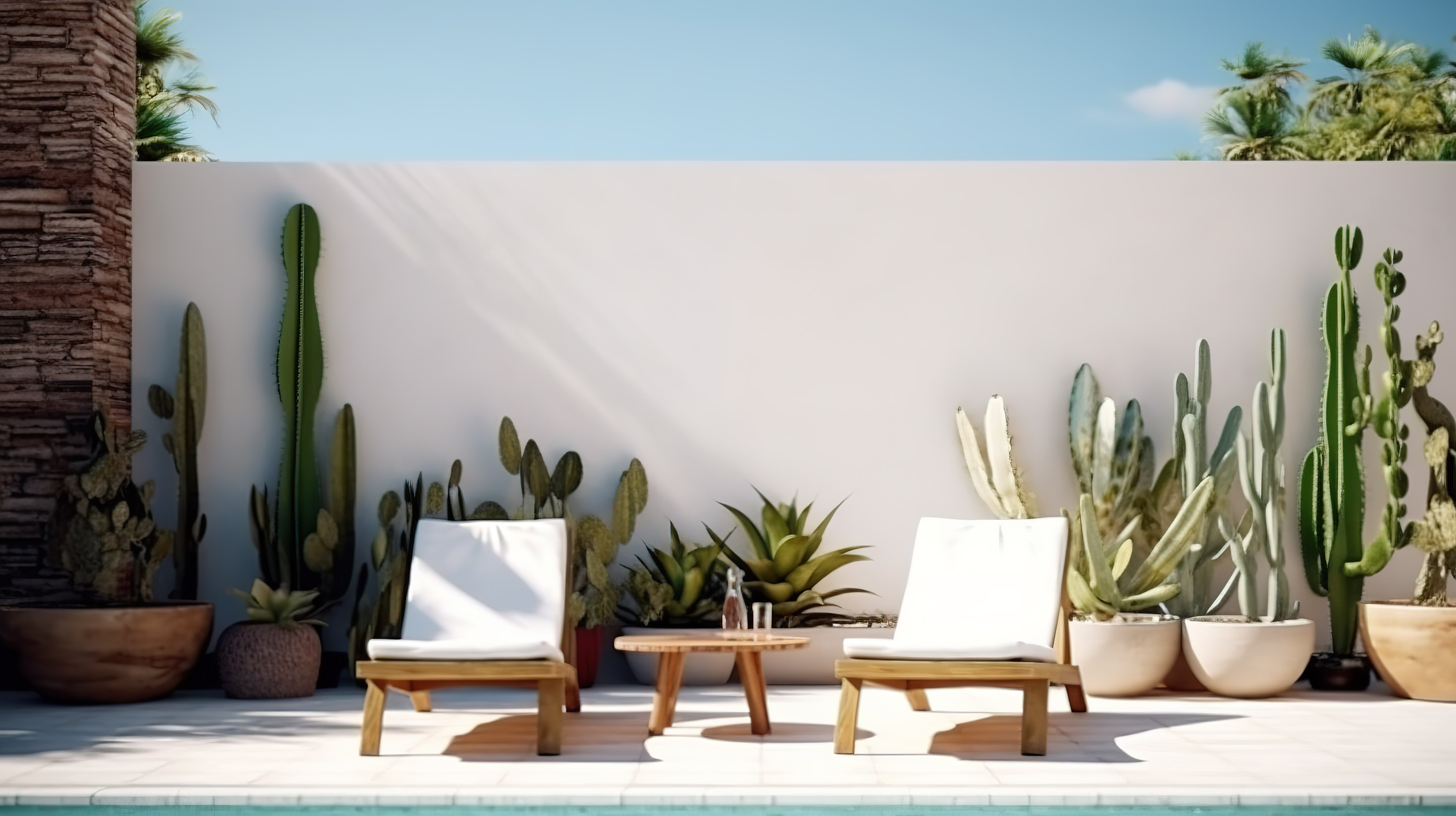 墨西哥风格的现代露台 3D 渲染，配有游泳池优雅的草坪家具仙人掌和白色瓷砖地板，在令人惊叹的自然背景下图片