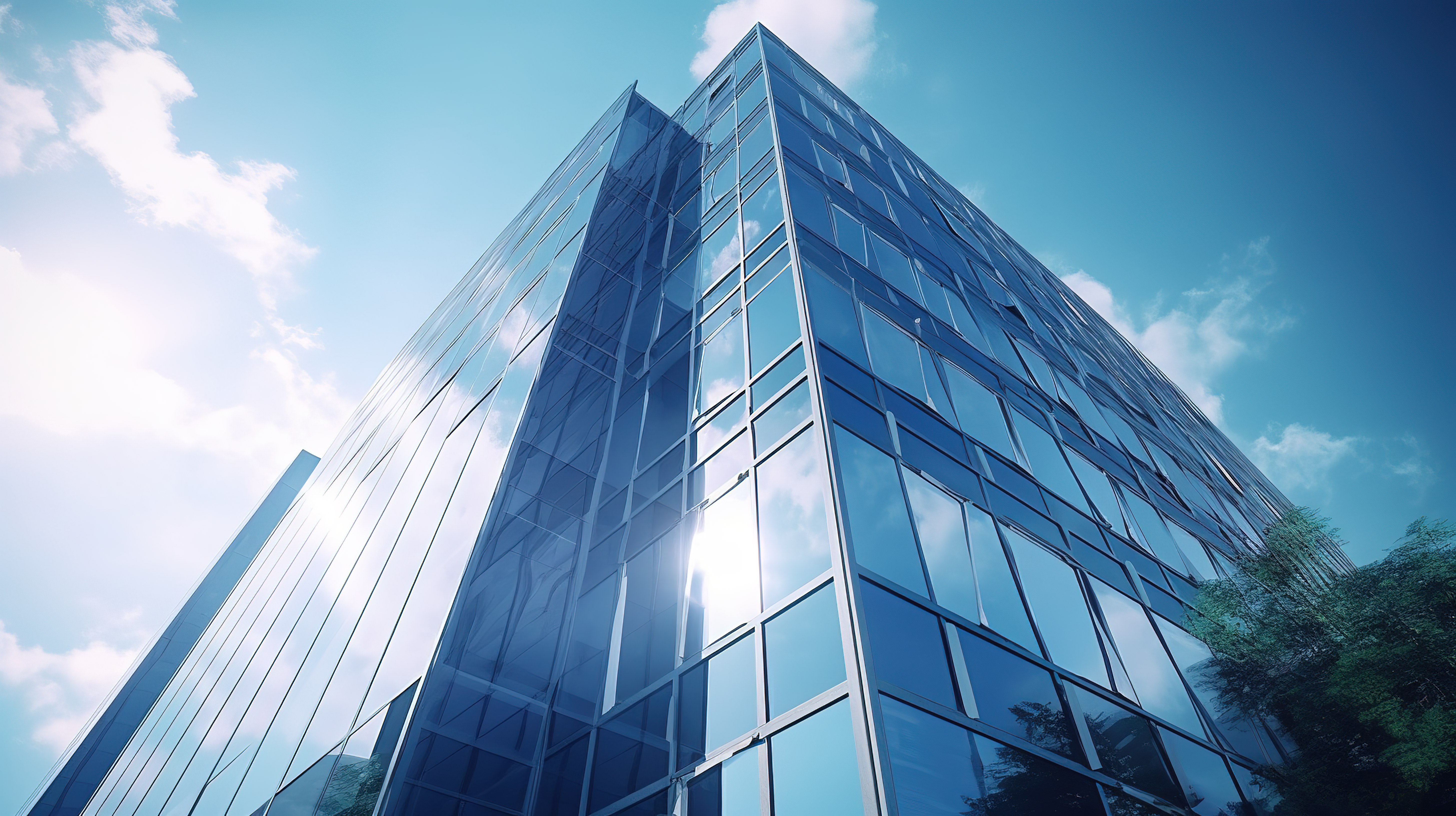 从低角度视图捕获玻璃窗的未来企业办公摩天大楼的 3D 渲染图片