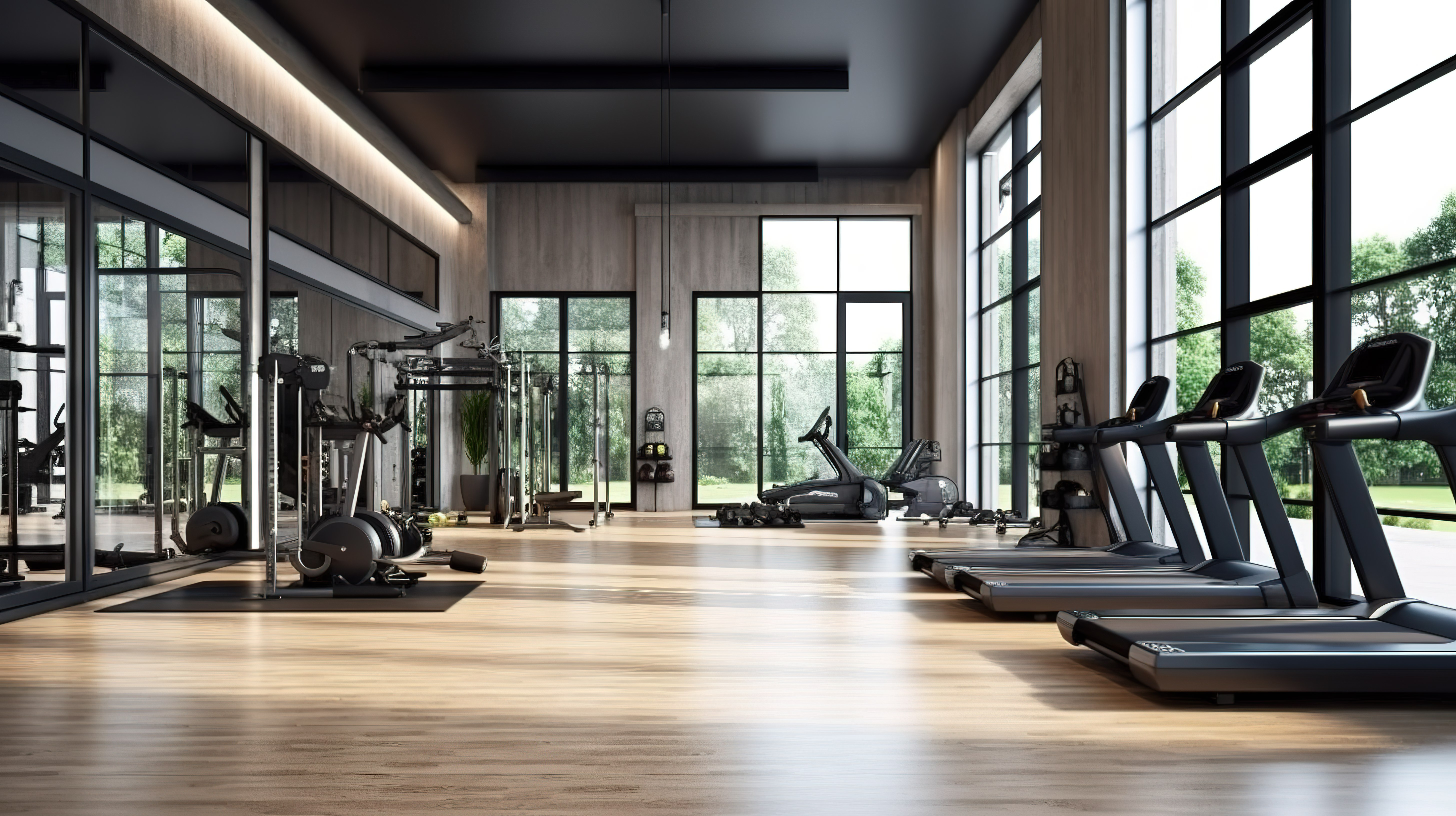 现代健身设施健身房内部的 3D 渲染，配备最先进的健身器材图片