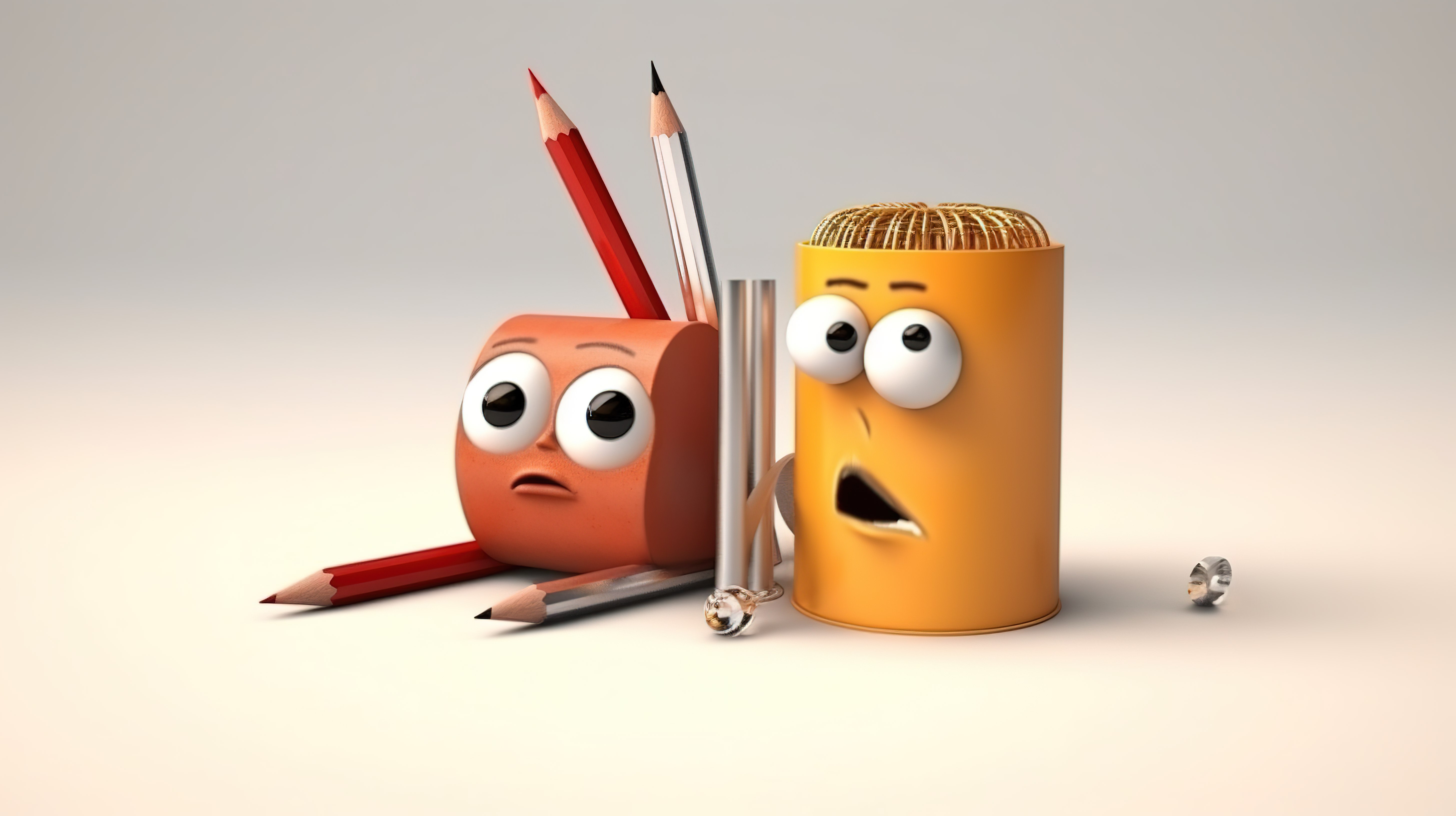 有趣的铅笔和卷笔刀二人组的异想天开的 3D 插图图片