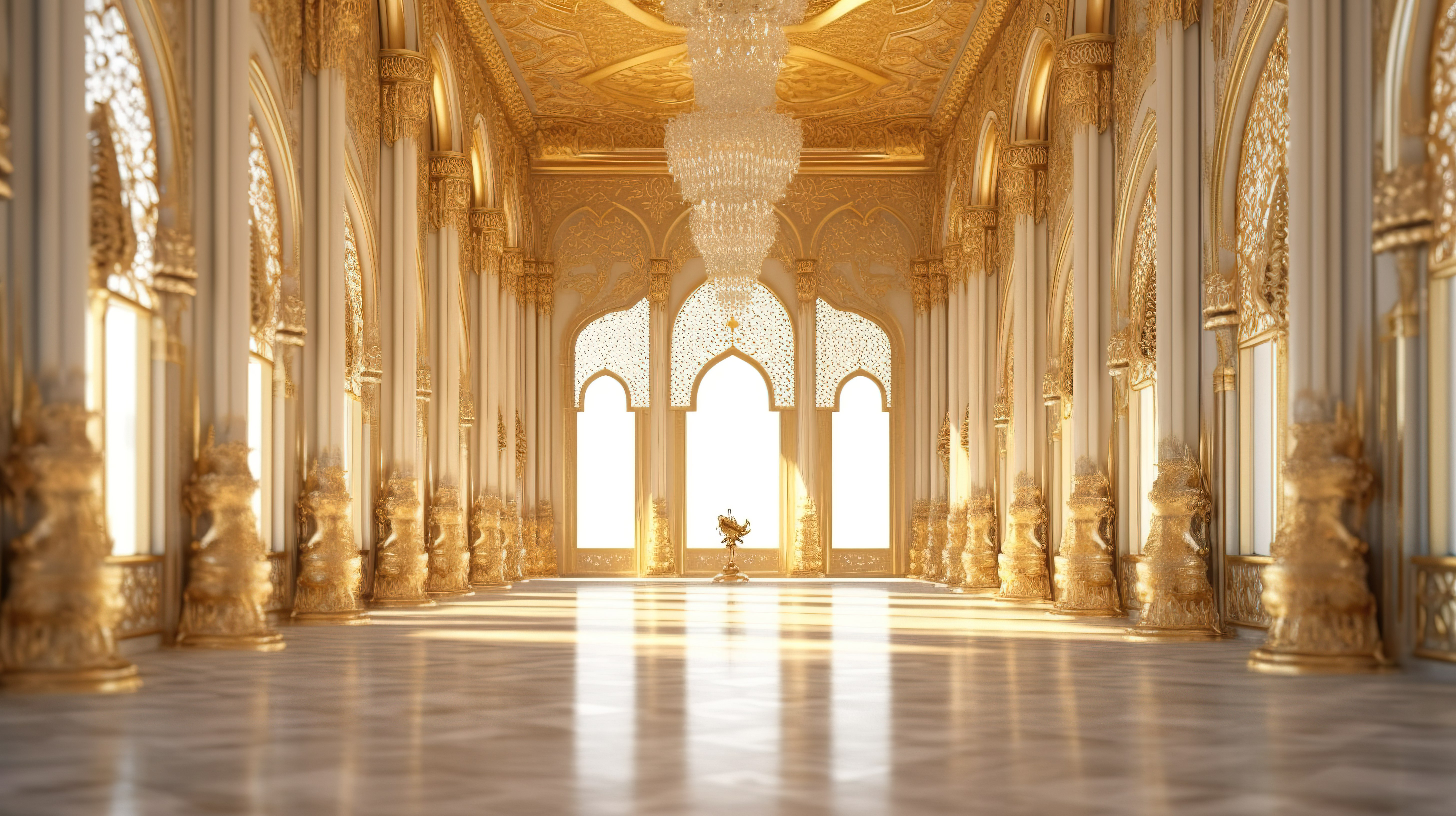 宫殿内部金色建筑元素的 3D 渲染图片