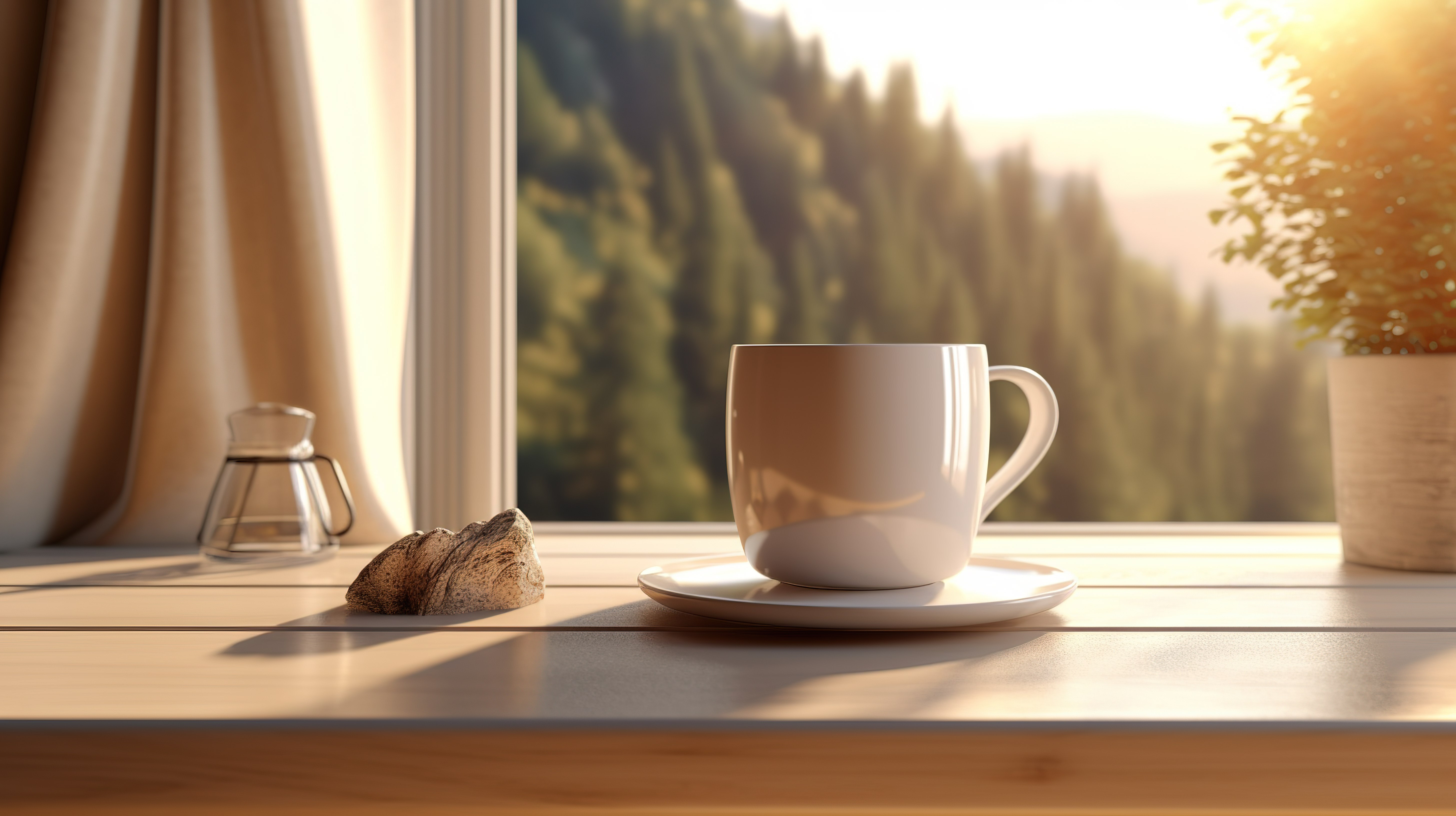 桌面上的咖啡杯，风景秀丽的自然背景 3D 渲染产品展示图片
