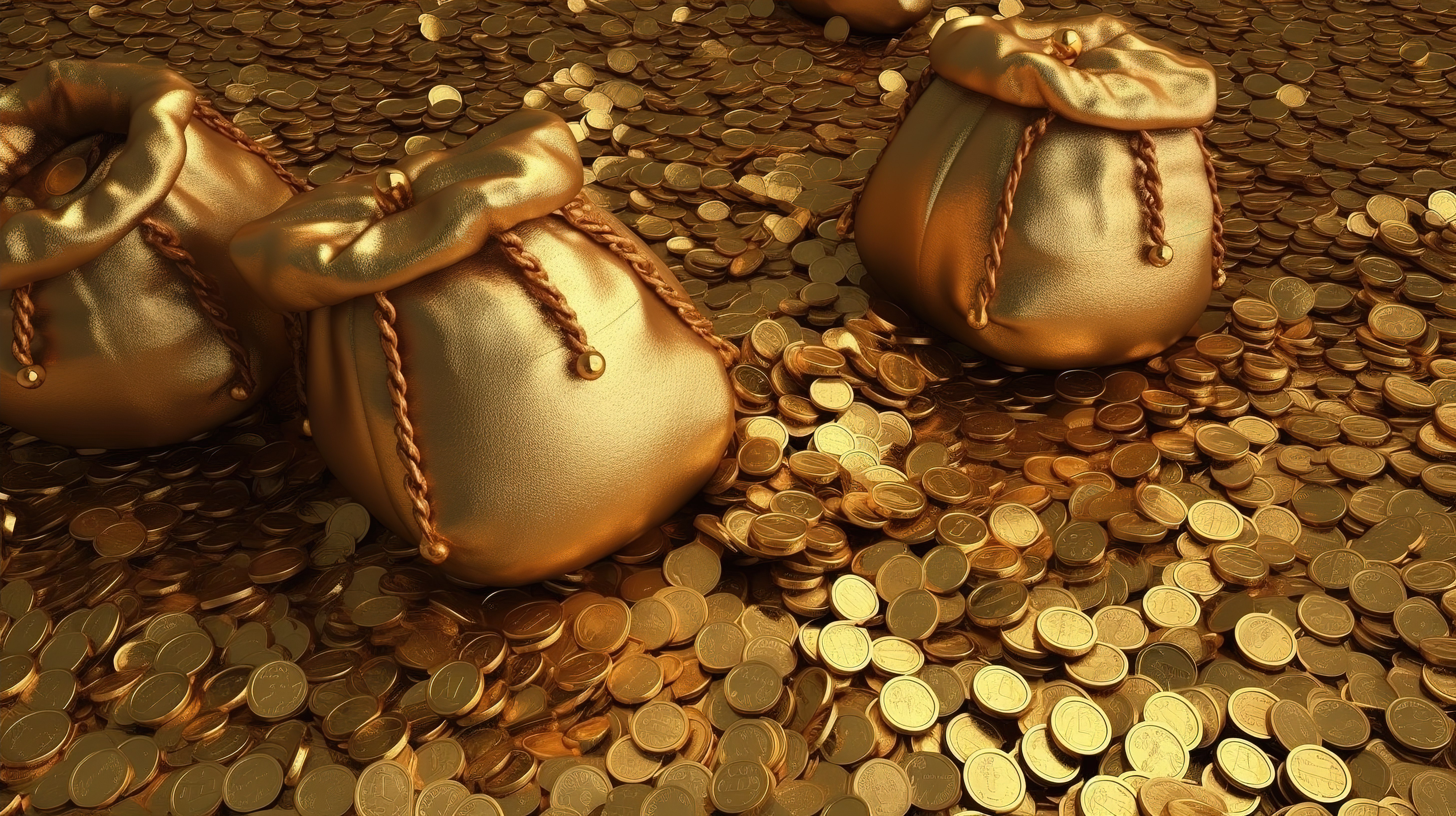 3D 金钱概念中财富袋和硬币的 3D 渲染插图图片