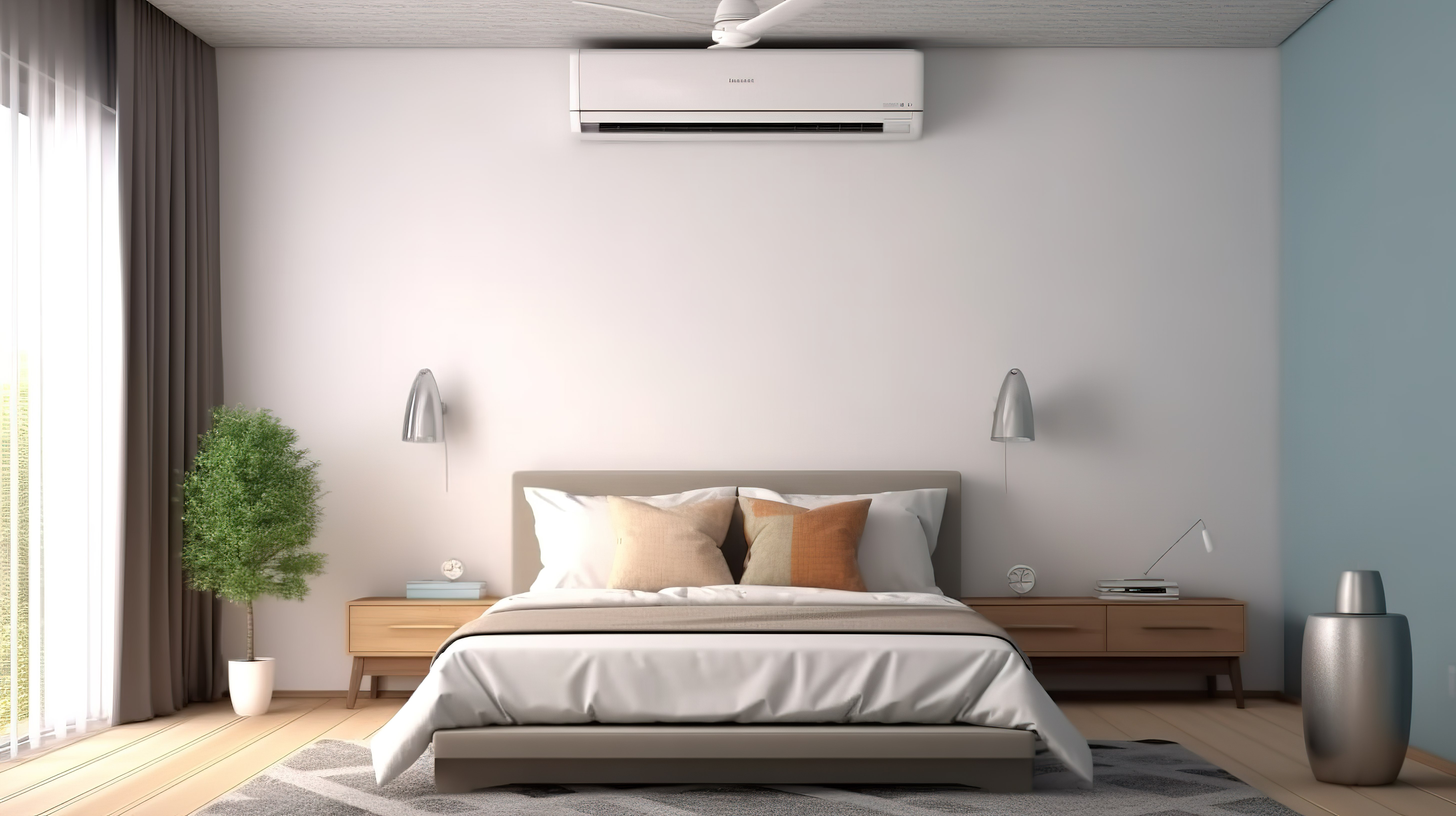 带床和便携式空调的房间的 3D 渲染图片