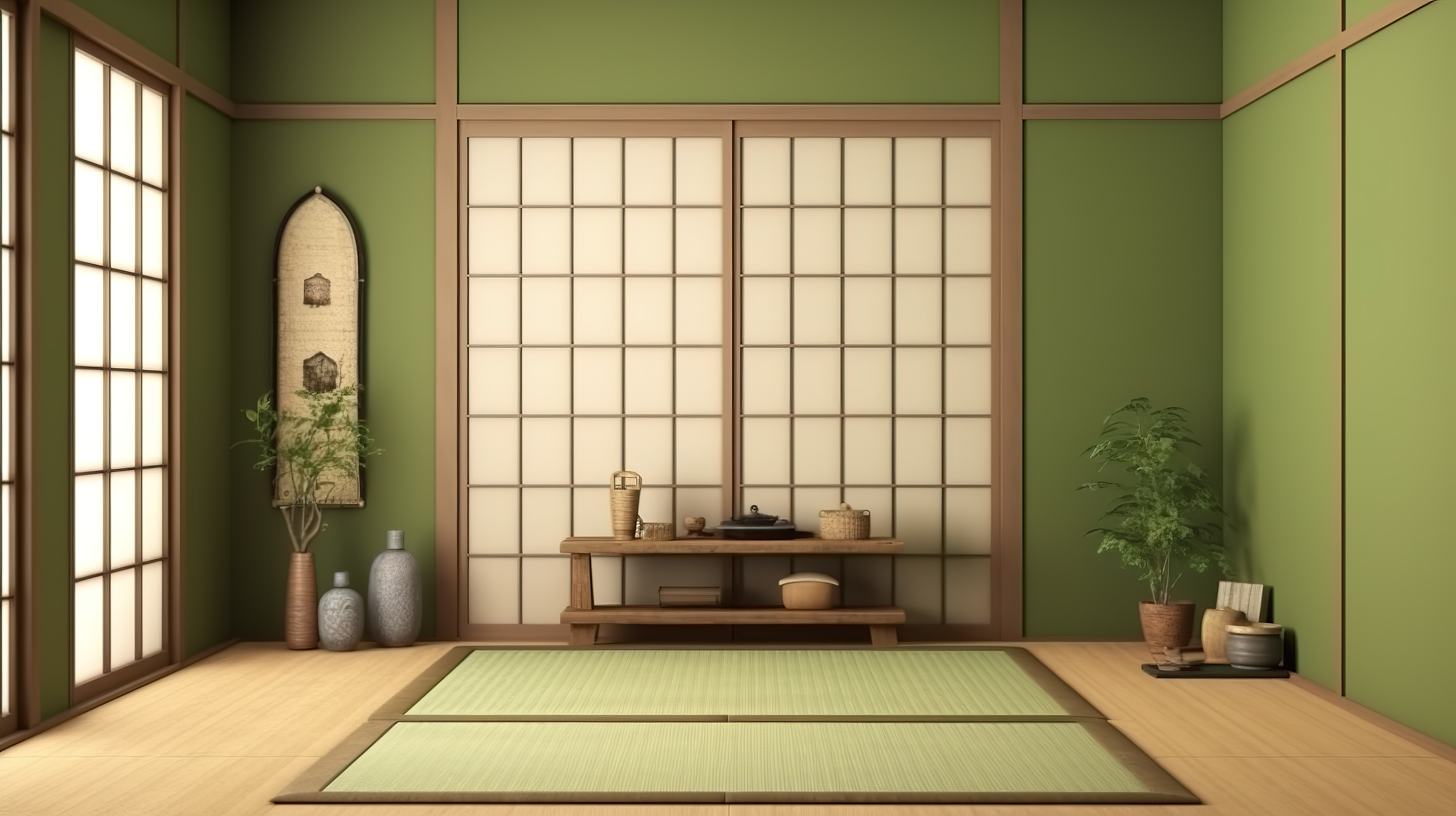 日式室内设计，配有榻榻米地板橱柜架子墙壁和纸门，日本灵感的绿色房间 3D 渲染图片