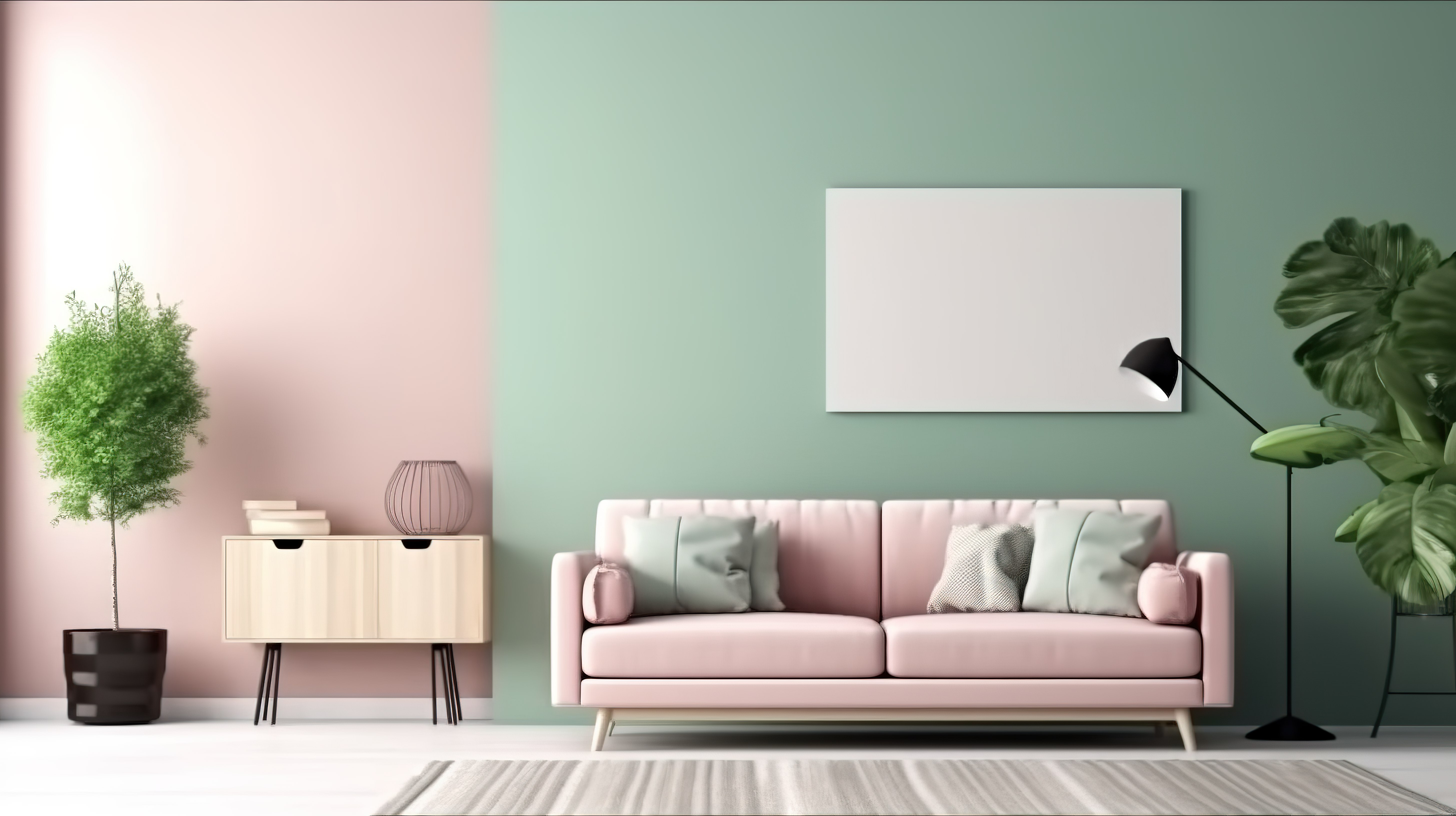 现代 3D 室内当代样机展示海报粉色绿色沙发图片