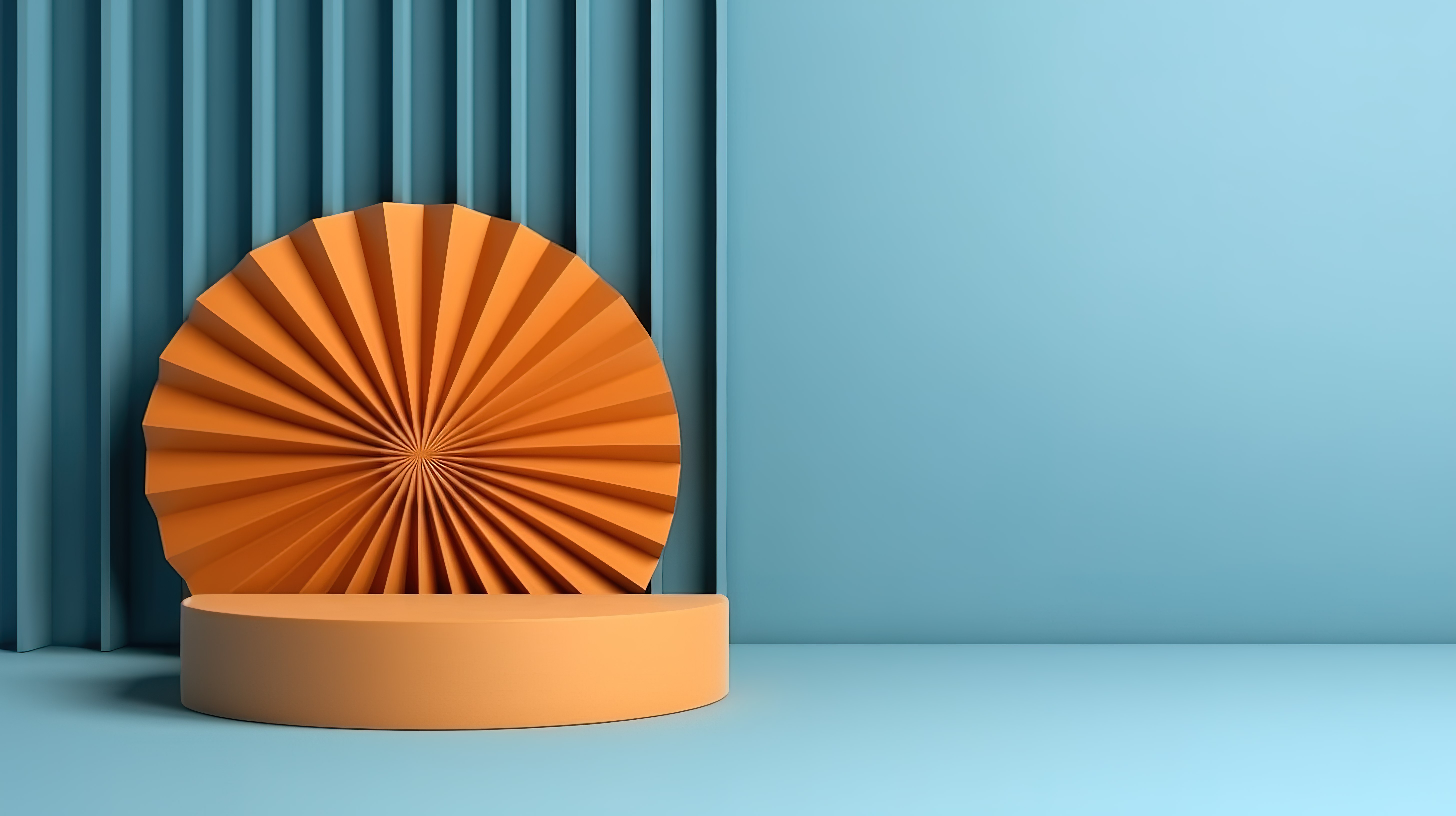 充满活力的橙色木质讲台，搭配蓝色纸扇模型背景，非常适合 3D 渲染的演示和广告图片
