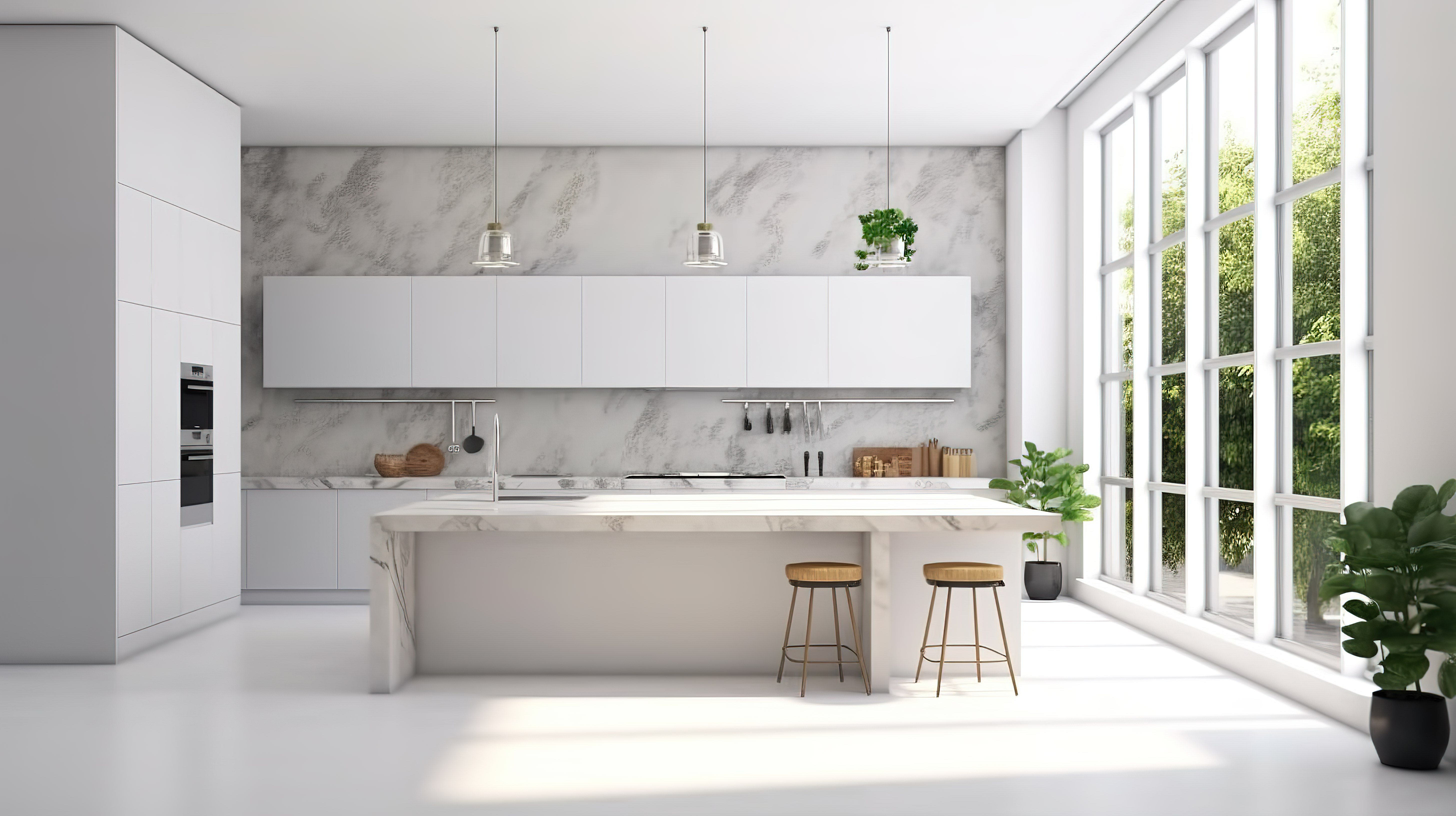 现代奢华的厨房设计，在 3D 渲染的原始台面上有充足的空白图片