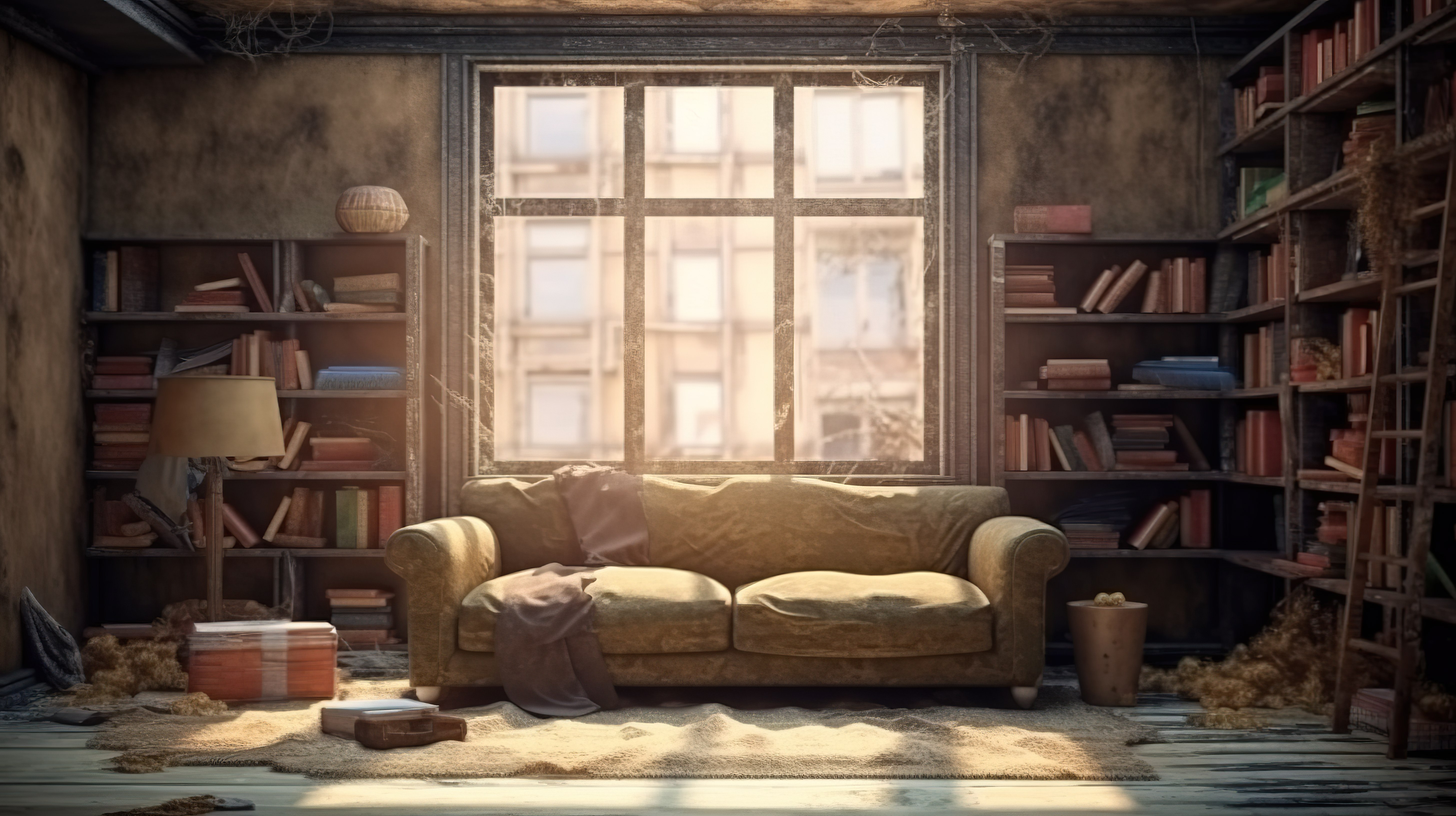 一间陈旧的房间里布满灰尘的家具和书架，上面有脏窗户和沙发的 3D 插图图片