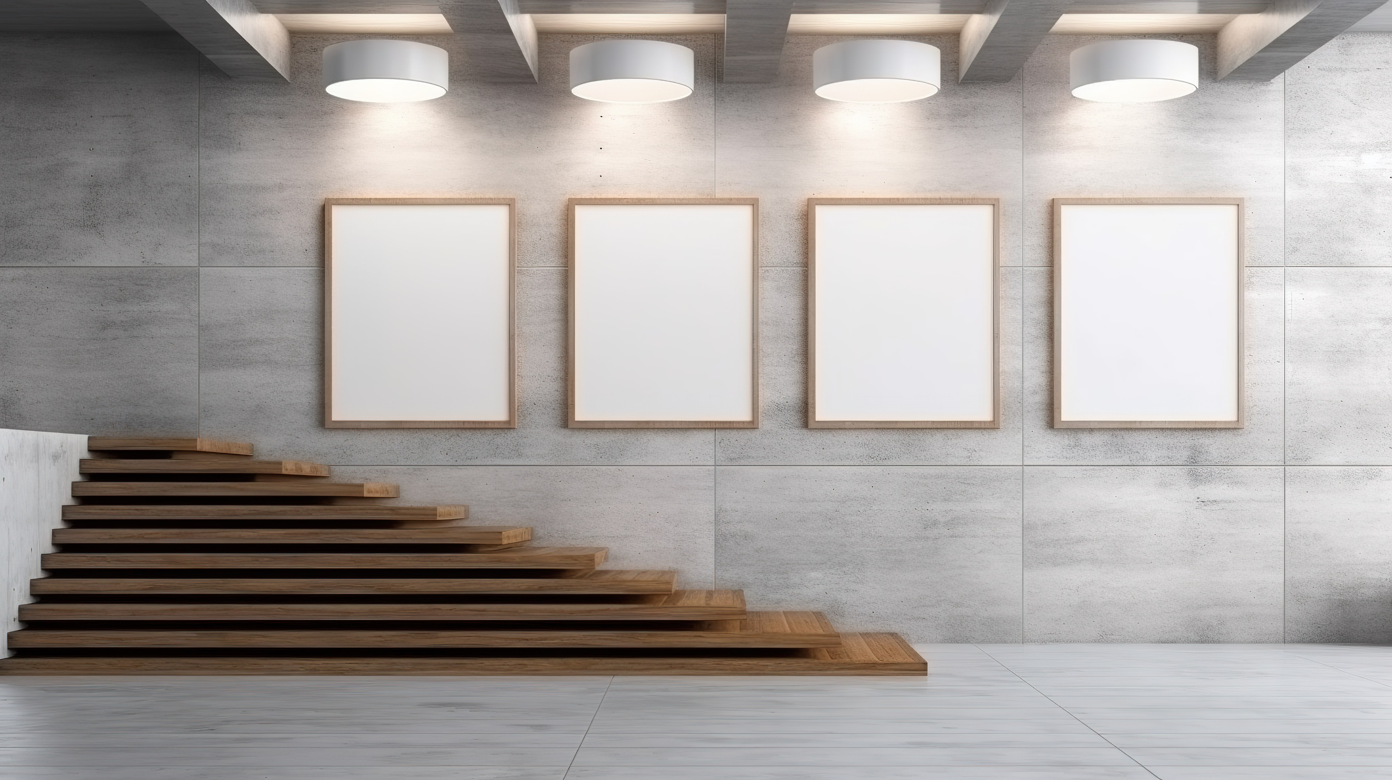 光滑的地下空间，配有楼梯和木镶板画廊墙上的空白白色模型 3D 渲染图片