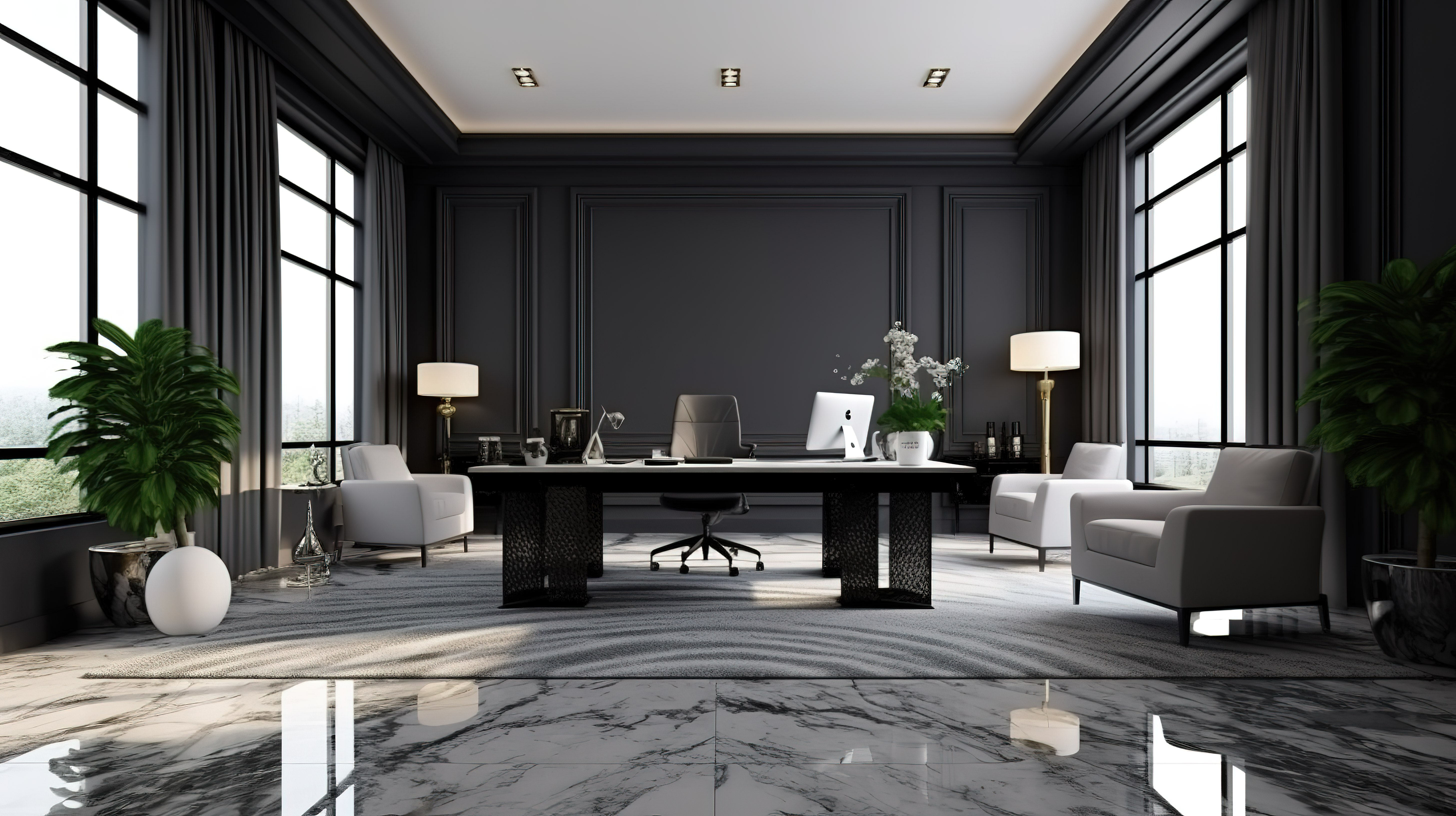 现代办公空间设有时尚的黑色大理石地板和带 3D 渲染的简约白色办公桌图片