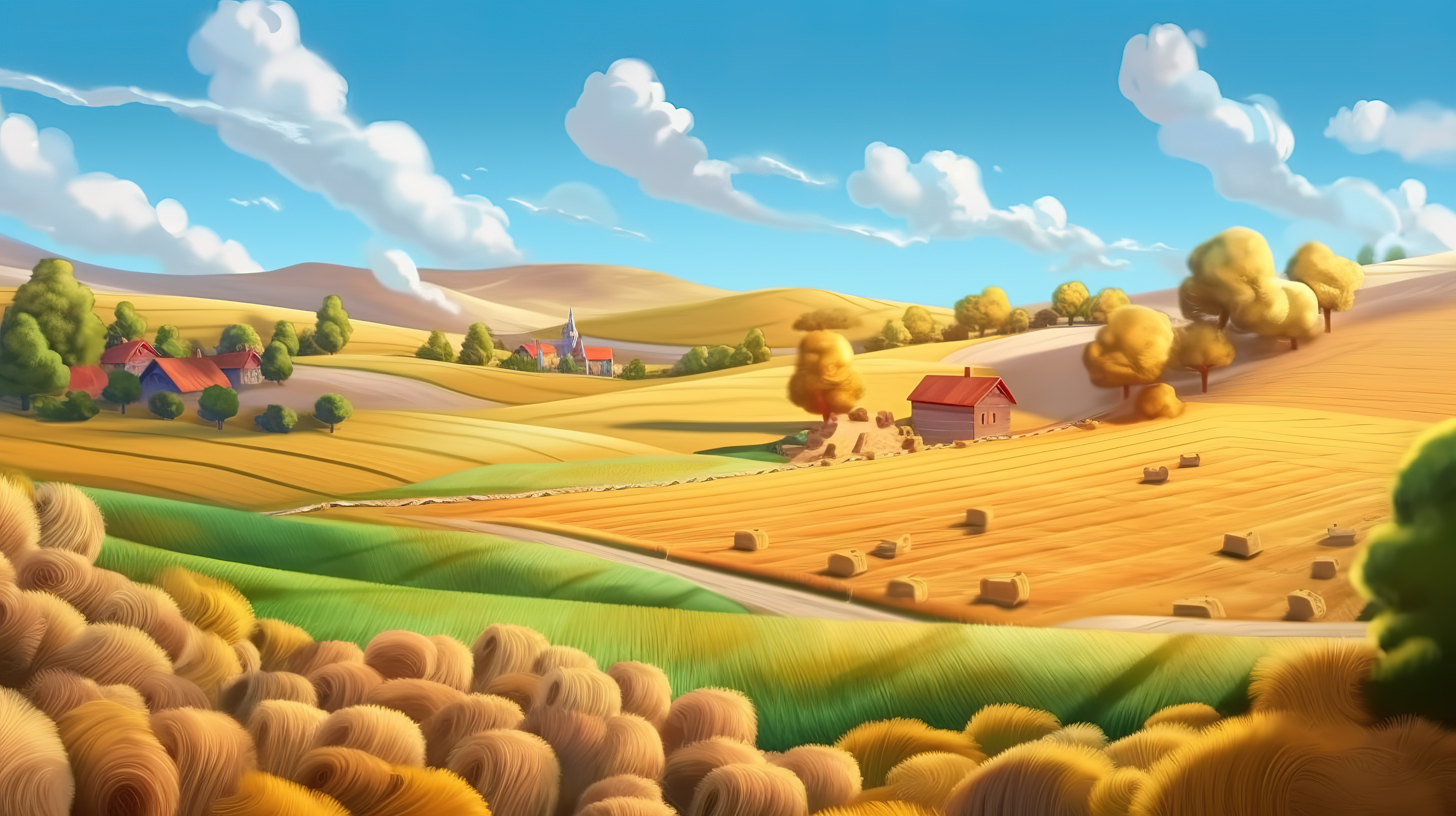 风景如画的乡村丰收场景的卡通 3D 渲染图片