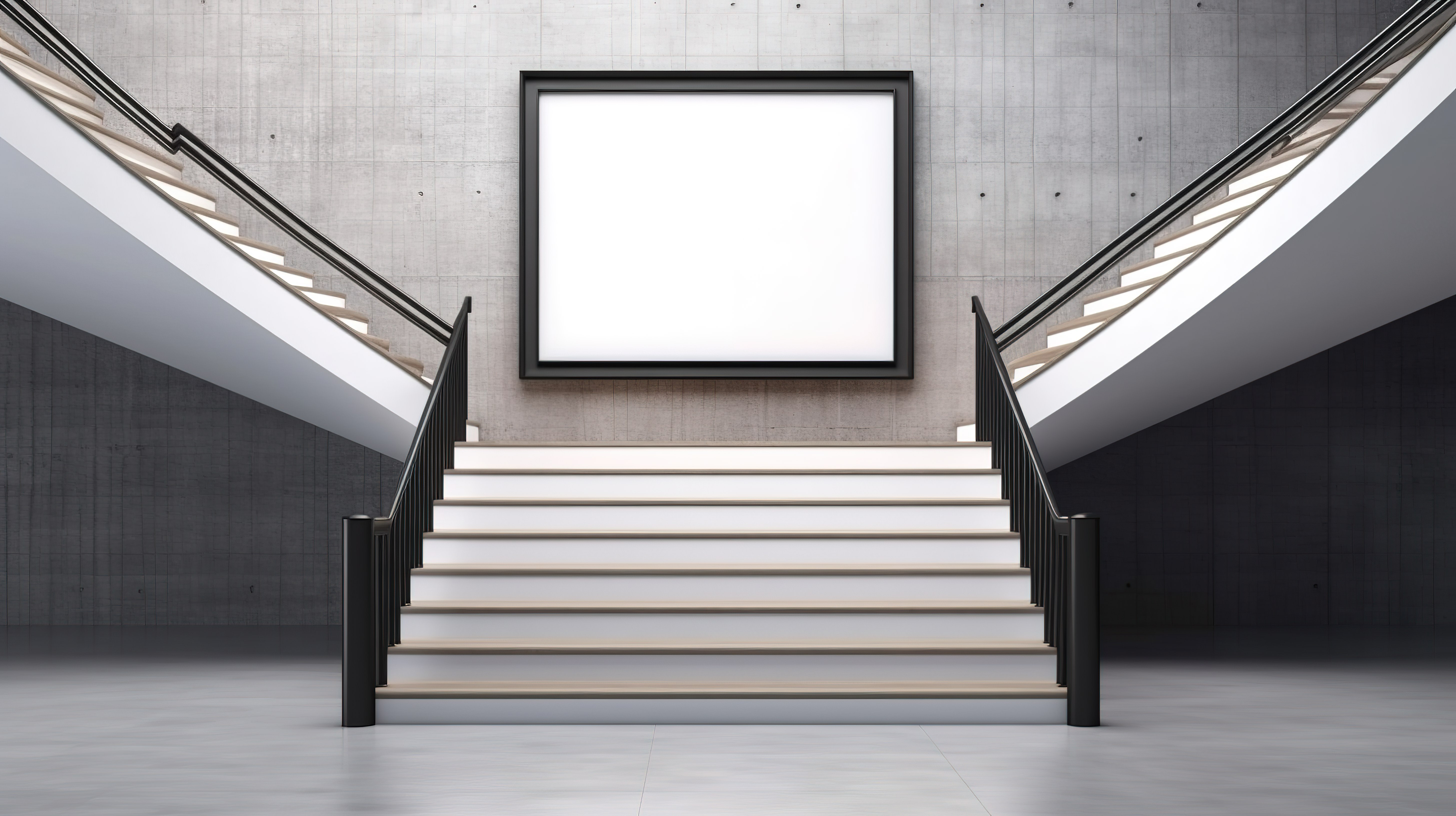 当代地下空间，以楼梯和木制画廊墙上的空白白色海报为特色，商业 3D 设计图片