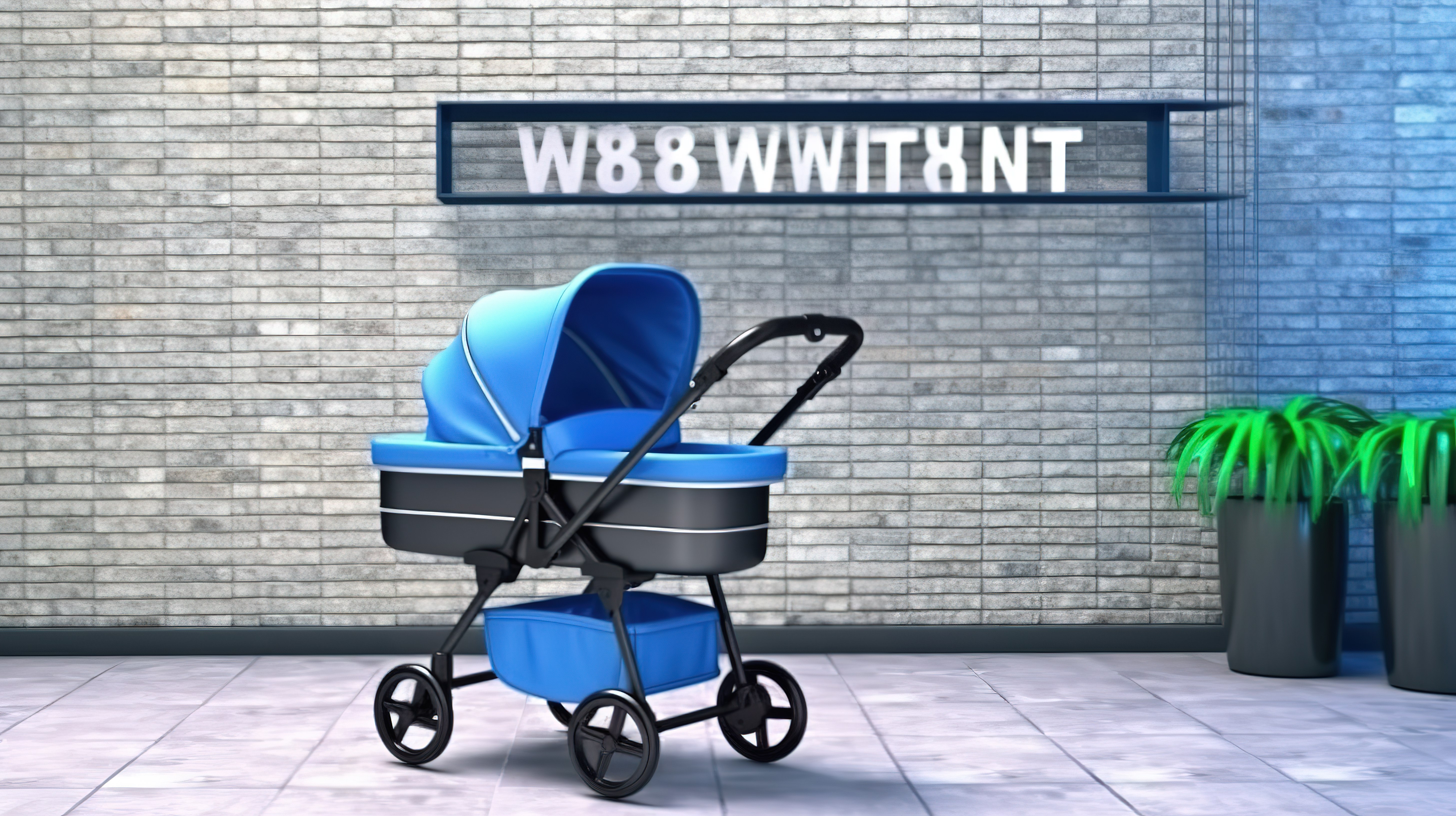 时尚时尚的蓝色婴儿车，配有机场到达标志和背景 3D 渲染的砖墙图片
