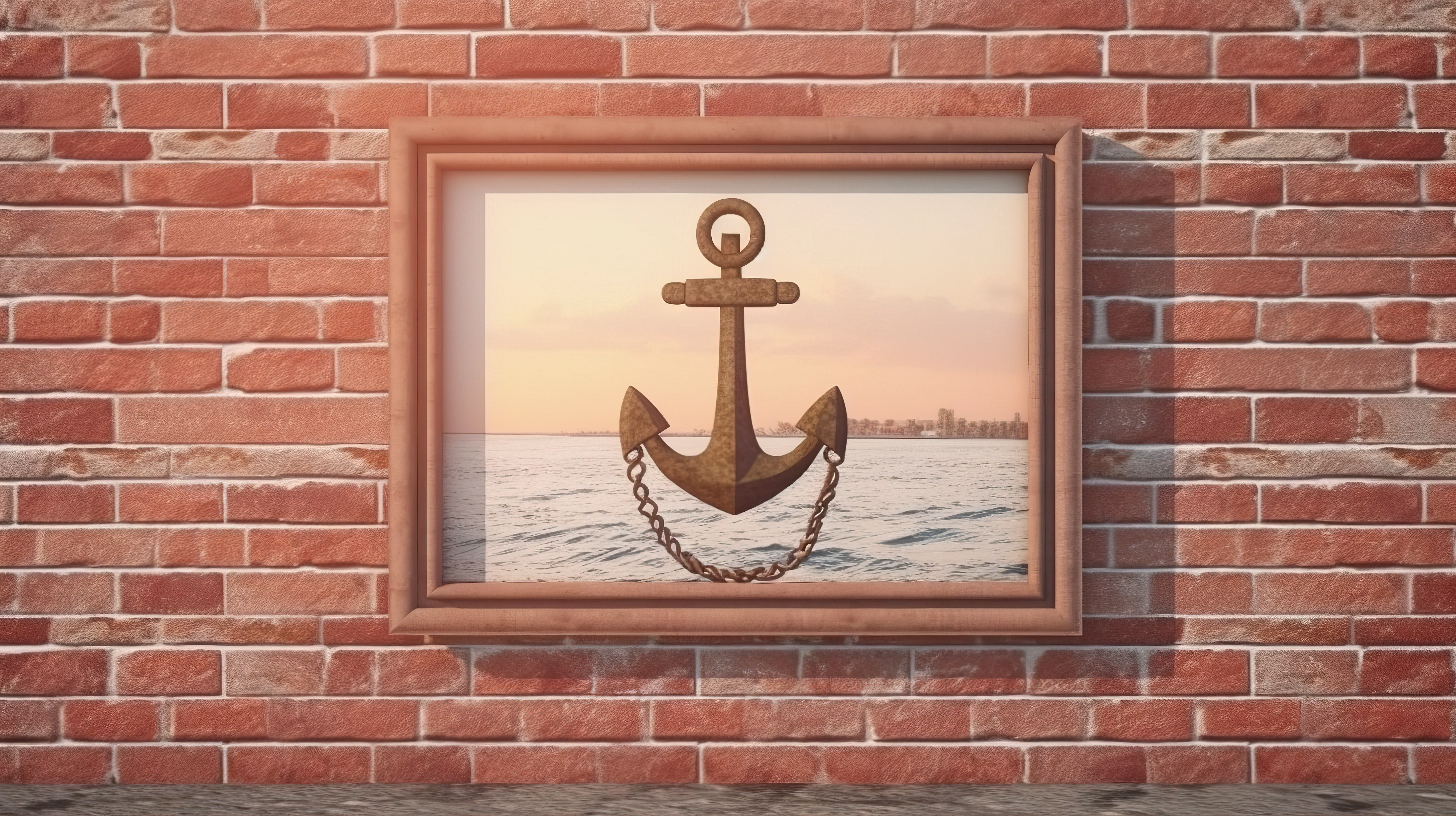 3D 渲染的航海锚靠在带有空白框架的砖墙上的极端特写图片